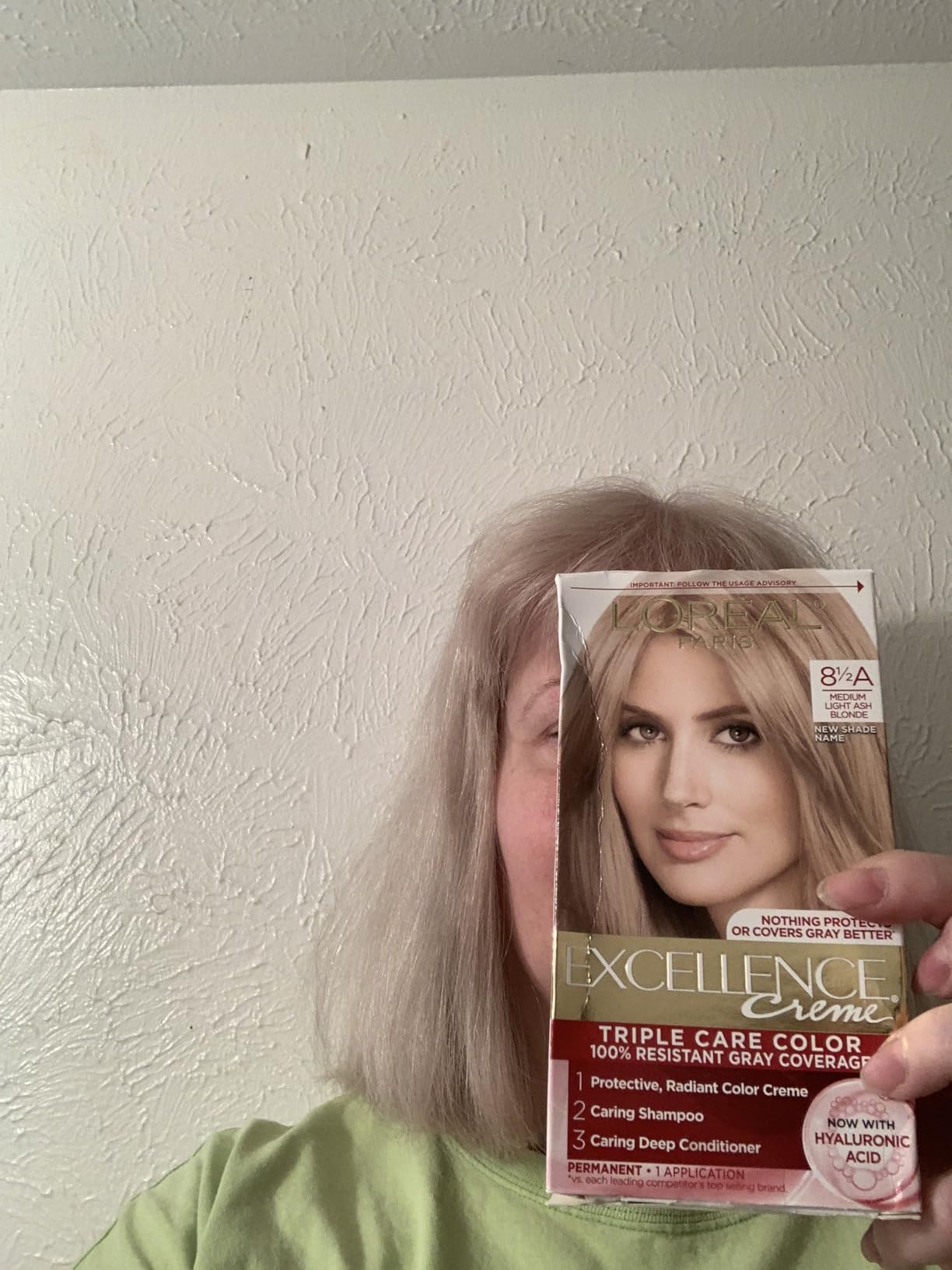 L'Oreal Paris Excellence Creme Permanent Hair Dye, Triple Care Hair Color with Hyaluronic Acid for 100% Gray Coverage, 8.5A Medium Light Ash Blonde, 1 Kit (Packaging May Vary) customer photo 1