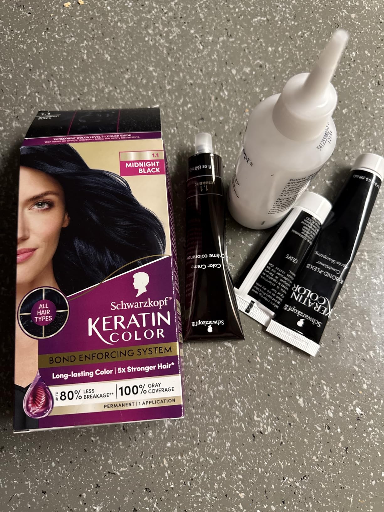 Schwarzkopf Keratin Permanent Hair Dye Cream, 1.1 Midnight Black, Professional Quality Color for Up to 100% Gray Coverage, Bond Enforcing System customer photo 1