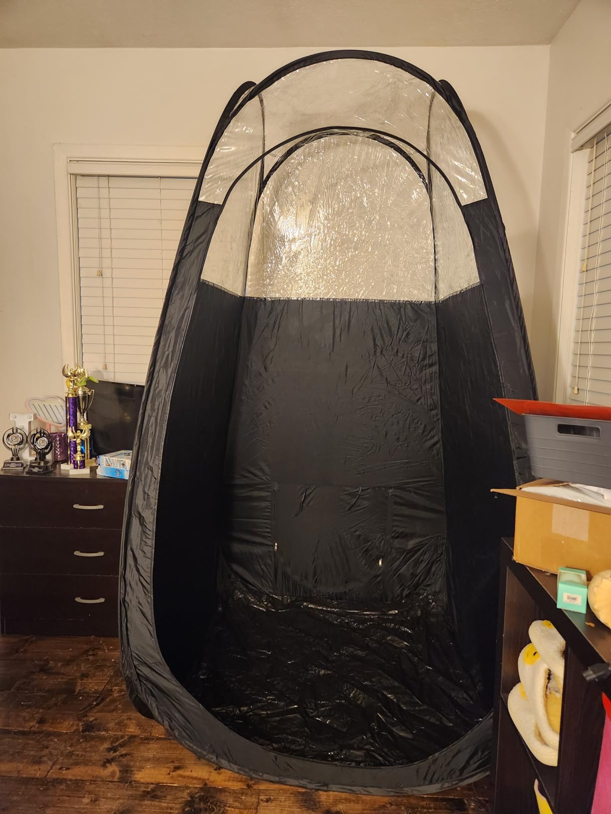 Jitsu Spray Tan Tent, Portable Pop Up Sunless Tanning Booth, Clear Top | Full-body 82.7in booth with rear vent port, folds to 24in bag. Includes 5 pairs sticky feet pads. For home and mobile use. customer photo 2
