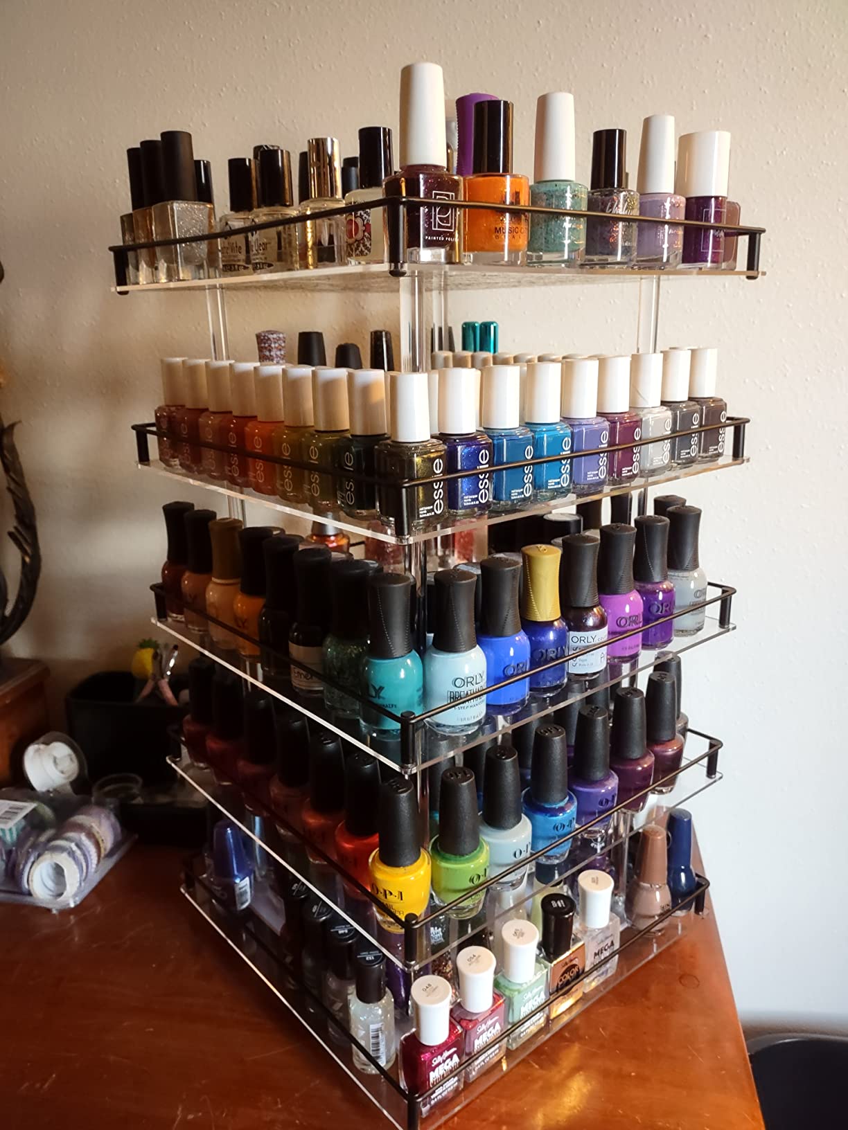 J JACKCUBE DESIGN Nail Polish Organizer, 5 Tier Acrylic 360 Rotating Display Rack Stand Makeup Cosmetics Storage Box Carousel Shelf with Black Iron Guard, Hold Up to 310 Bottles customer photo 1