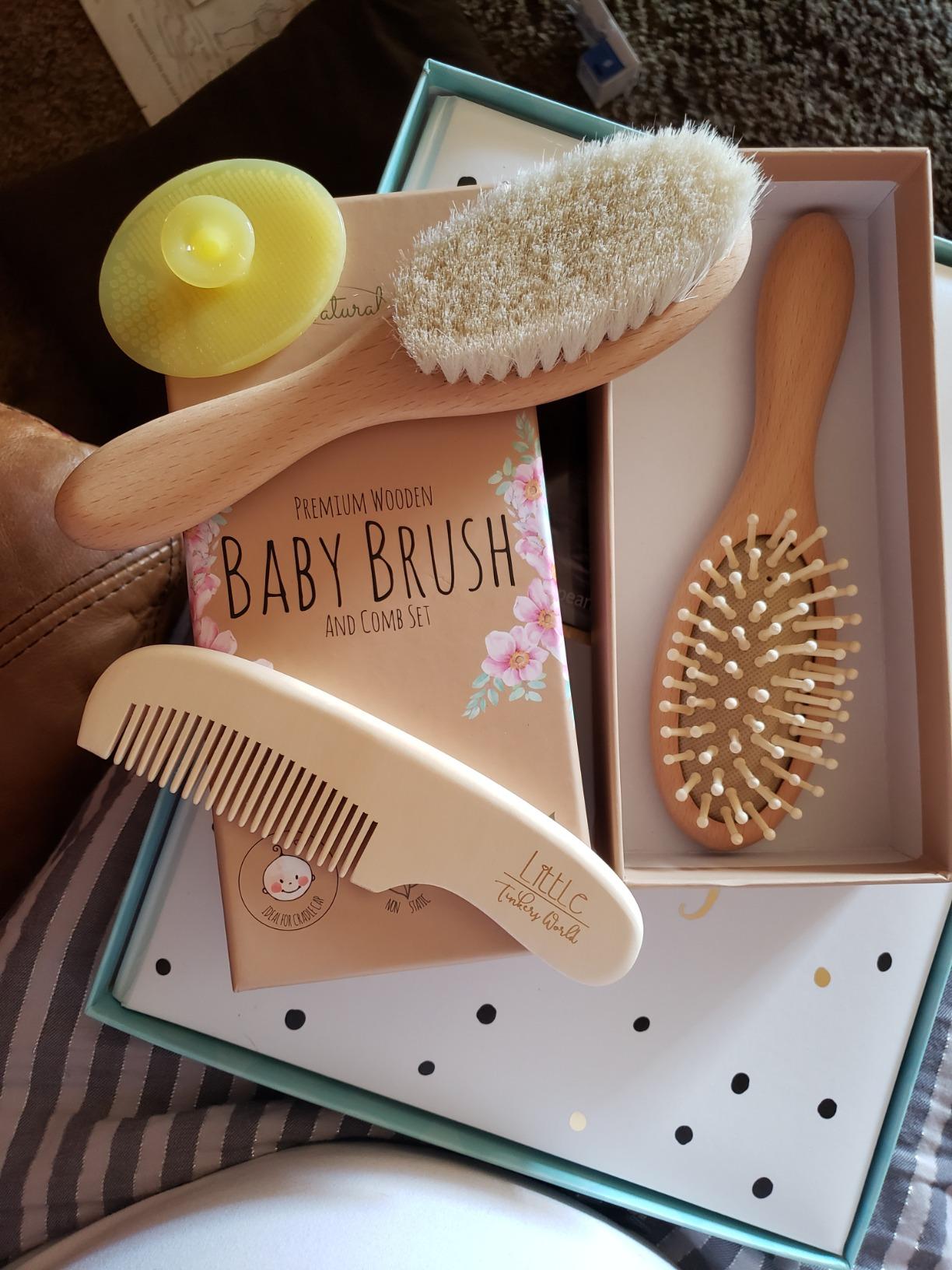 Little Tinkers World Wooden Baby Hair Brush and Comb Set, 4-Piece | Natural Wooden Set with Soft Goat Hair Bristle Brush, Beech Wood Massage Brush, Maple Wood Comb & Soft Silicone Scalp Brush customer photo 1
