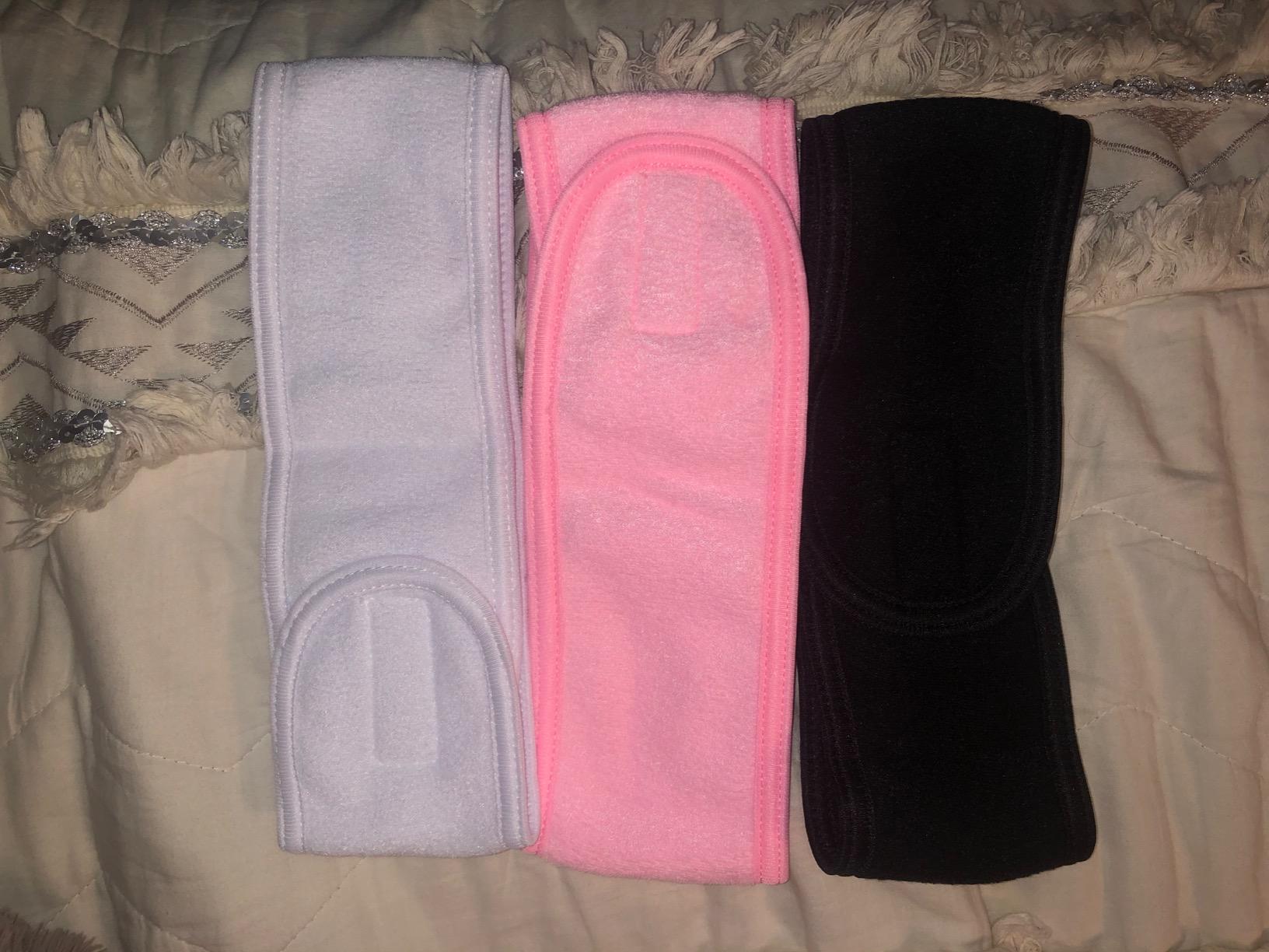 Whaline 3Pcs Spa Facial Headband Make Up Wrap Head Terry Cloth Headband Adjustable Washable Towel for Shower Makeup Face Washing Skincare Facial Treatment Sport Fits (White, Black, Pink) customer photo 1