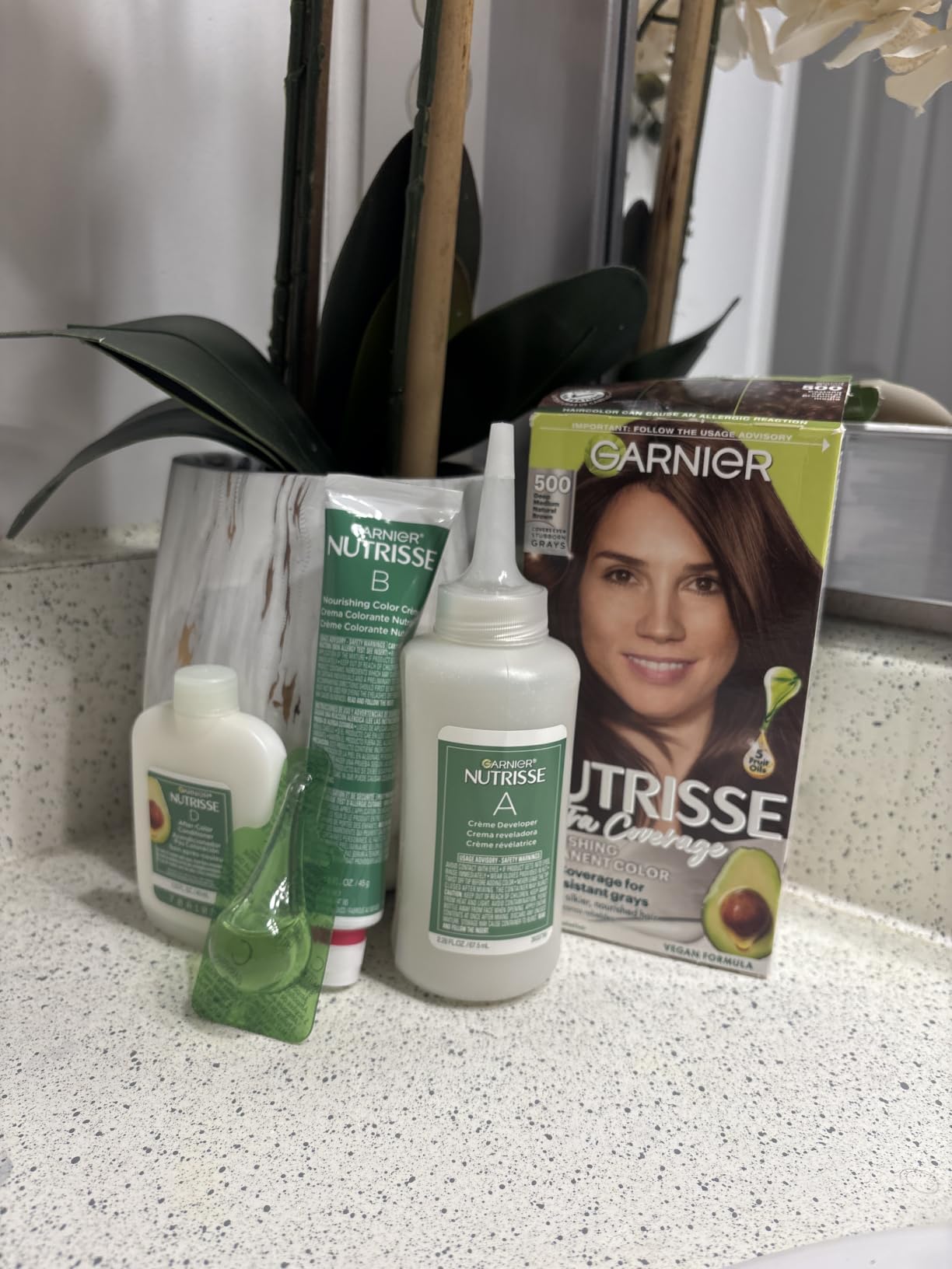 Garnier Nutrisse Ultra Coverage Hair Color, Permanent Hair Dye for Up to 8 Weeks of Stubborn Gray Coverage, Vegan & Cruelty-Free, 500 Deep Medium Natural Brown customer photo 1