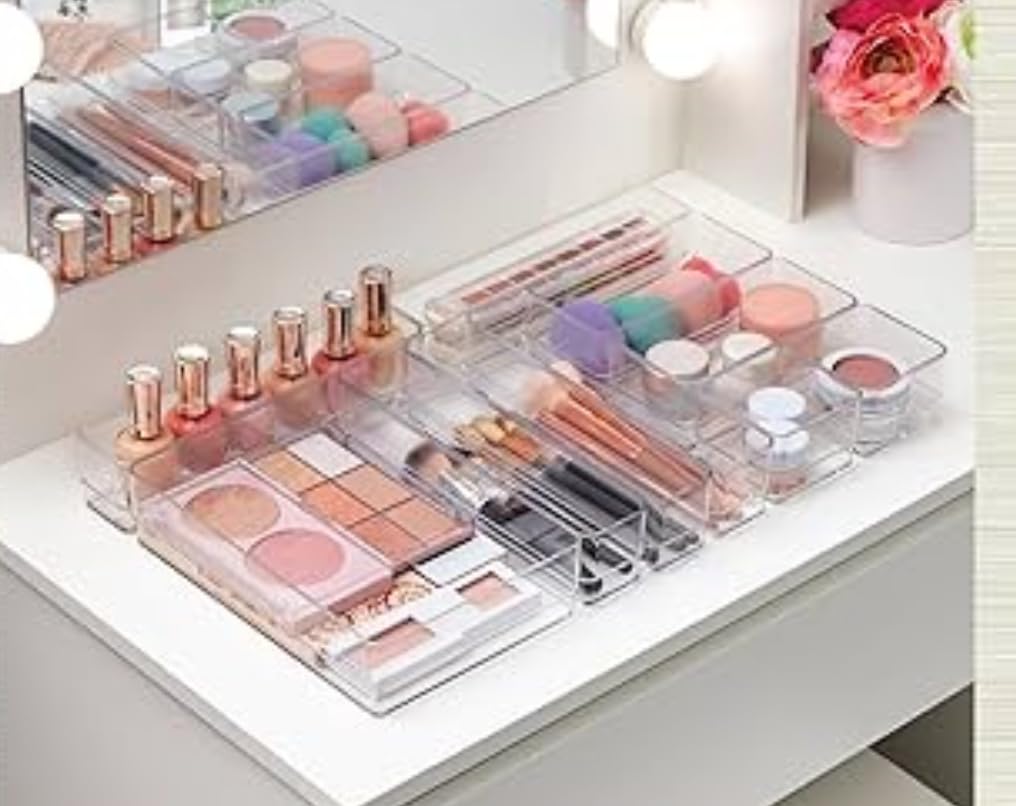 SimpleSort 10-Piece Stackable Clear Drawer Organizer Set | Multi-size Trays | Makeup Vanity Storage Bins and Office Desk Drawer Dividers | Made in USA customer photo 1