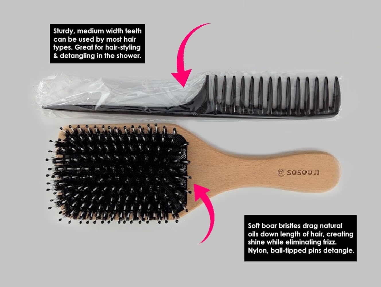Hair Brush, Sosoon Boar Bristle Paddle Hairbrush for Long Short Thick Thin Curly Straight Wavy Dry Hair for Men Women Kids, No More Tangle, Giftbox & Tail Comb Included customer photo 1