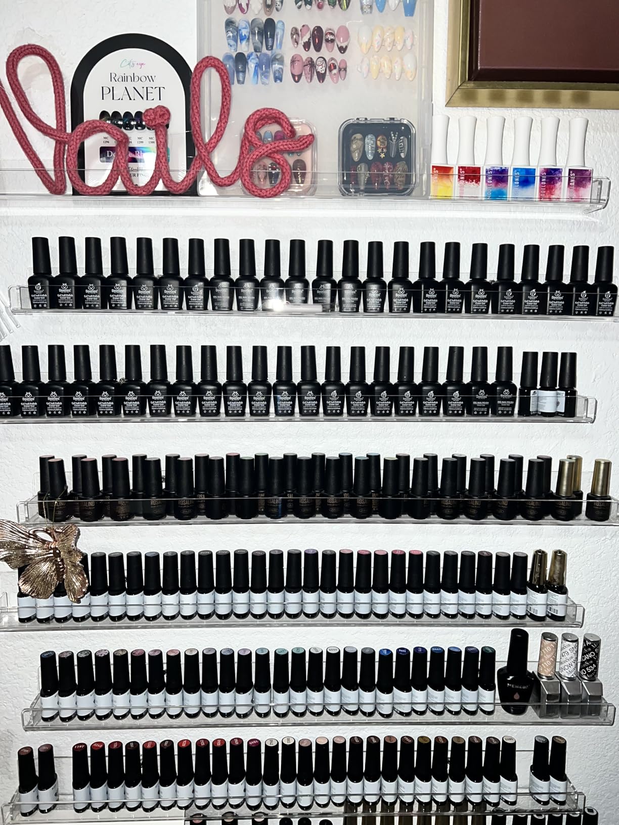 NIUBEE Nail Polish Organizer Wall Mounted, Nail Polish Shelves, 24 Inch 6 Pack - Acrylic Nail Polish Rack with Removable Anti-Slip End Inserts, Holds 150 Bottles customer photo 1