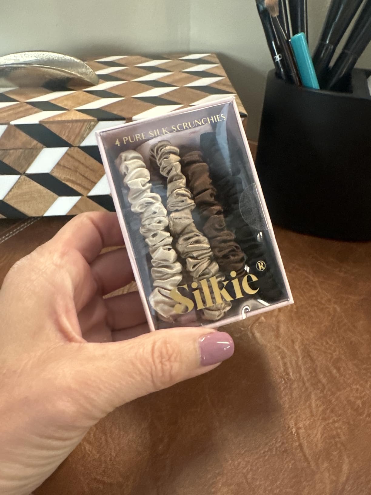 SILKIE x4 Set - Forget Satin - 100% Pure Mulberry Silk Black Brown Skinny Scrunchies Travel Pouch Everyday Hair Ties Elastics Hair Care Ponytail Holder No Damage (Chocolate) customer photo 1