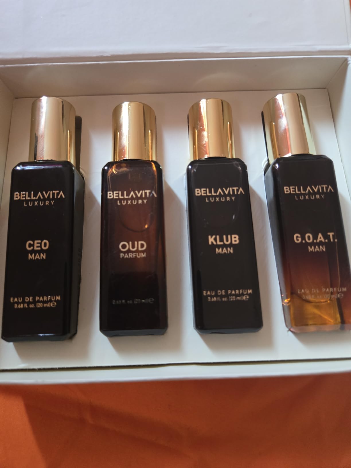 BellaVita Luxury Men's Perfume Gift Set with CEO Man, G.O.A.T., KLUB & OUD | 4 x 20ml (80ml) | Long Lasting Perfume for Men | Citrus, Woody, Patchouli & Caramel Notes | Gift for Father's Day customer photo 2