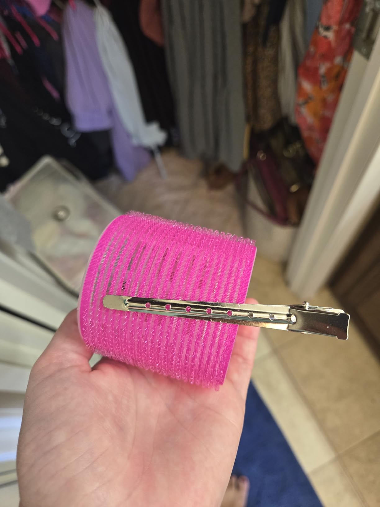 Jumbo Hair Curlers Rollers, 12Pcs 60mm Jumbo Hair Roller Curlers Self Grip Holding Rollers with 12Pcs Hair Clips for Long Straight Thick Hair (Rose Red) customer photo 2
