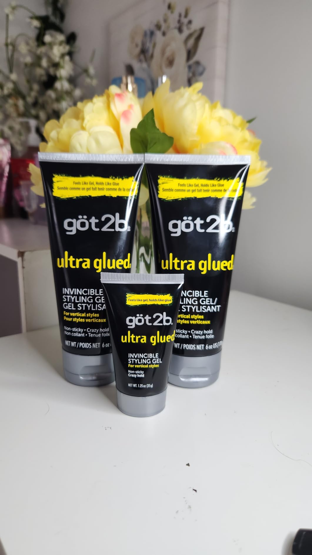 got2b Ultra Glued Invincible Styling Gel Set, 6 Fl Oz (2-Tube) + 1.25 Fl Oz Travel Size, Hair Gel for Men and Women with Extra Strong Hold, Non-Sticky, No-Flake Formula for Vertical Styles customer photo 2