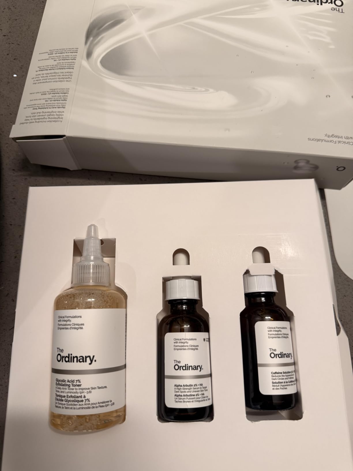 The Ordinary The Bright Set, 3-Step Regimen for Radiant, Even Skin Tone with Glycolic Acid 7% Exfoliating Toner, Alpha Arbutin 2% + HA, and Caffeine Solution 5% + EGCG Eye Serum customer photo 1