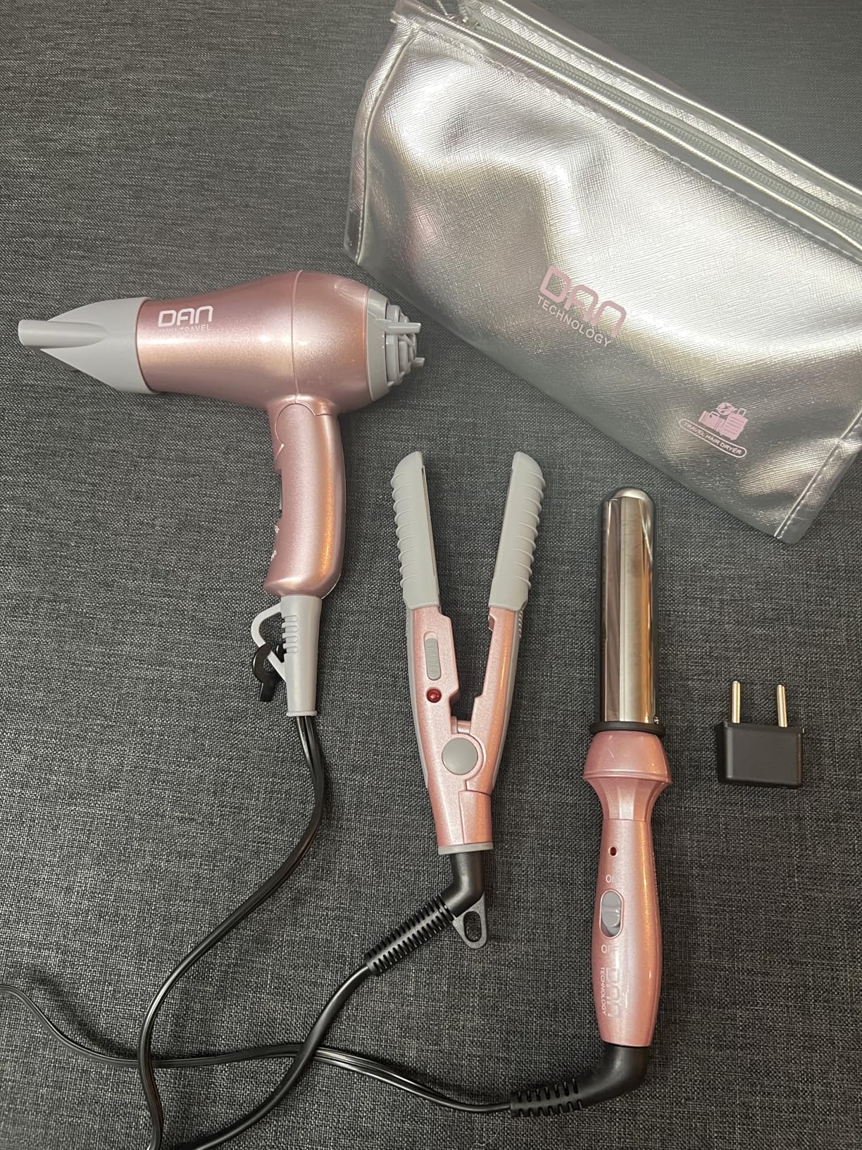 DAN Technology Hair Styling Set, Including Travel Hair Dryer, Mini Flat Iron, and Travel Curling Iron with European Plug, Dual Voltage, Portable Storage Bag, Pink customer photo 1