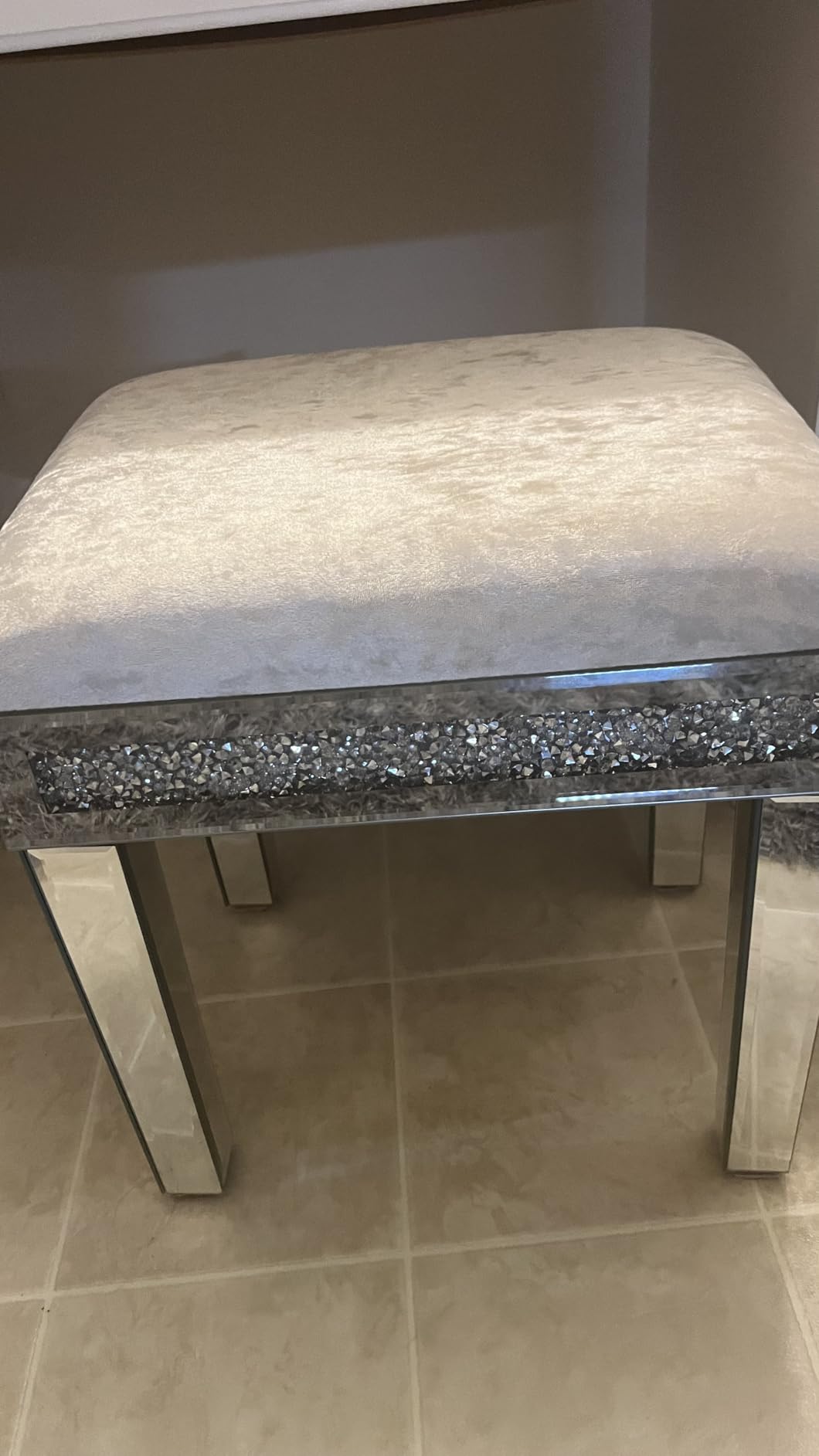 Mirrored Vanity Stool with Storage, Upholstered Velvet Ottoman, Makeup Dressing Table Bench with Sparking Diamonds, Silver customer photo 1