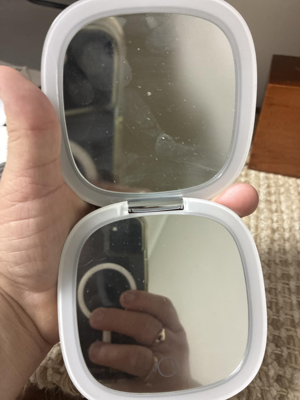 Mocado Compact LED Magnifying Travel Makeup Mirror - 4 inches 1X/10X Magnification, Double Sided USB Rechargeable Touch Screen, 3 Colors Lighting, Dimmable, Portable Tabletop Cosmetic (White) customer photo 1
