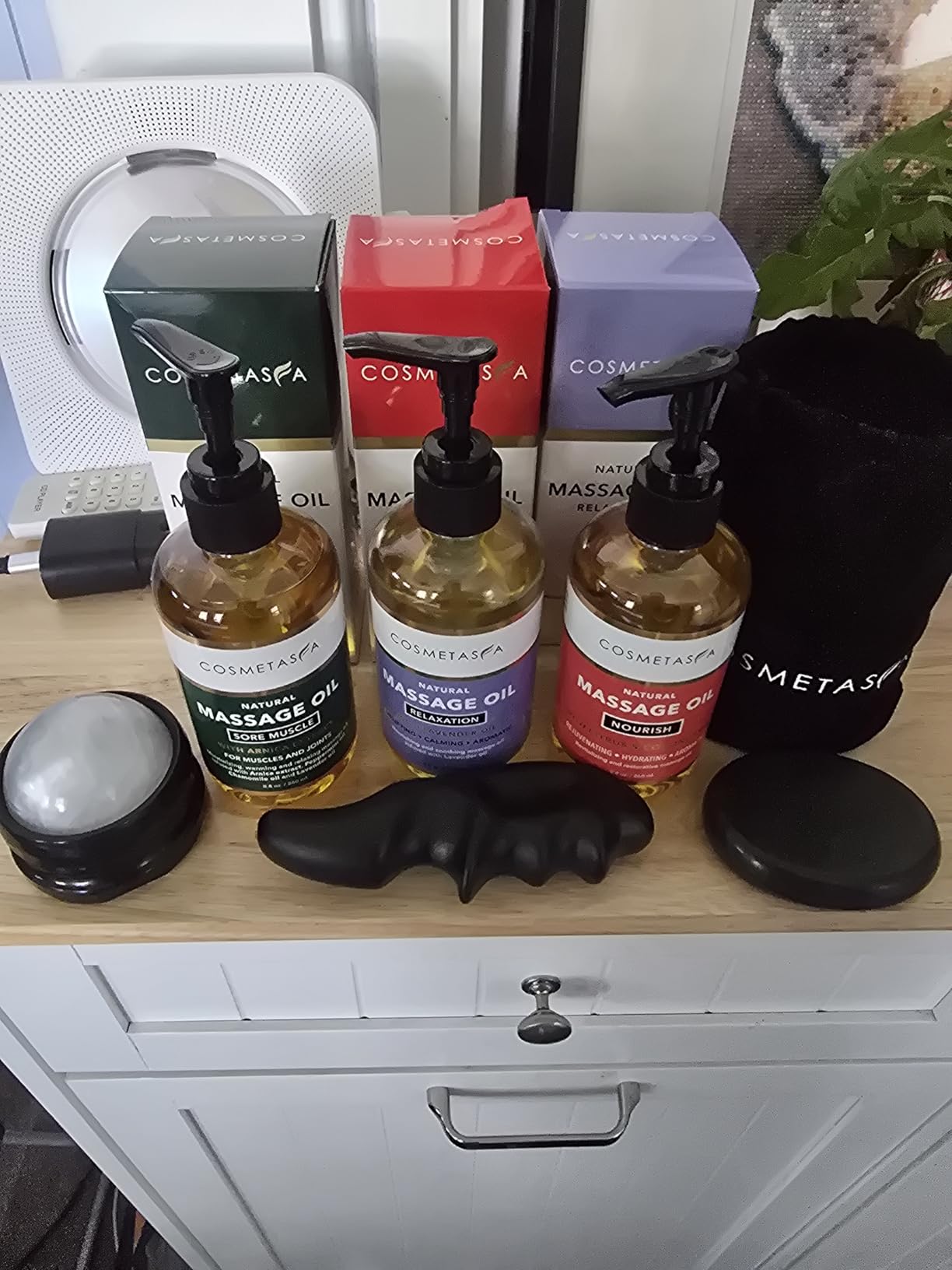 Cosmetasa Massage Oil Spa Gift Set for Women - Relaxing Lavender, Warming Arnica & Nourishing Citrus & Coconut Oils - Includes Roller Ball, Thumb Saver & Hot Stones customer photo 1
