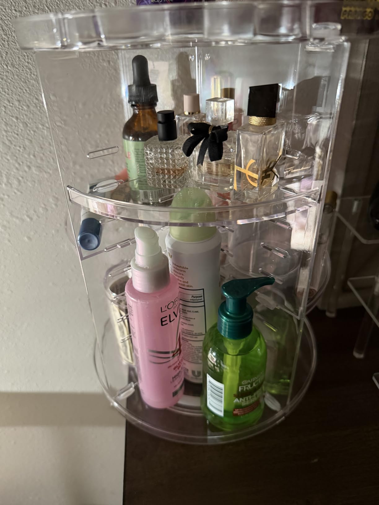 Rotating Makeup Organizer, DIY 8 Adjustable Layers Spinning Skincare Storage, Cosmetic Display Case with Brush Holder and Perfume Tray, Multi-Function Vanity Bathroom Countertop Organizer Clear customer photo 1