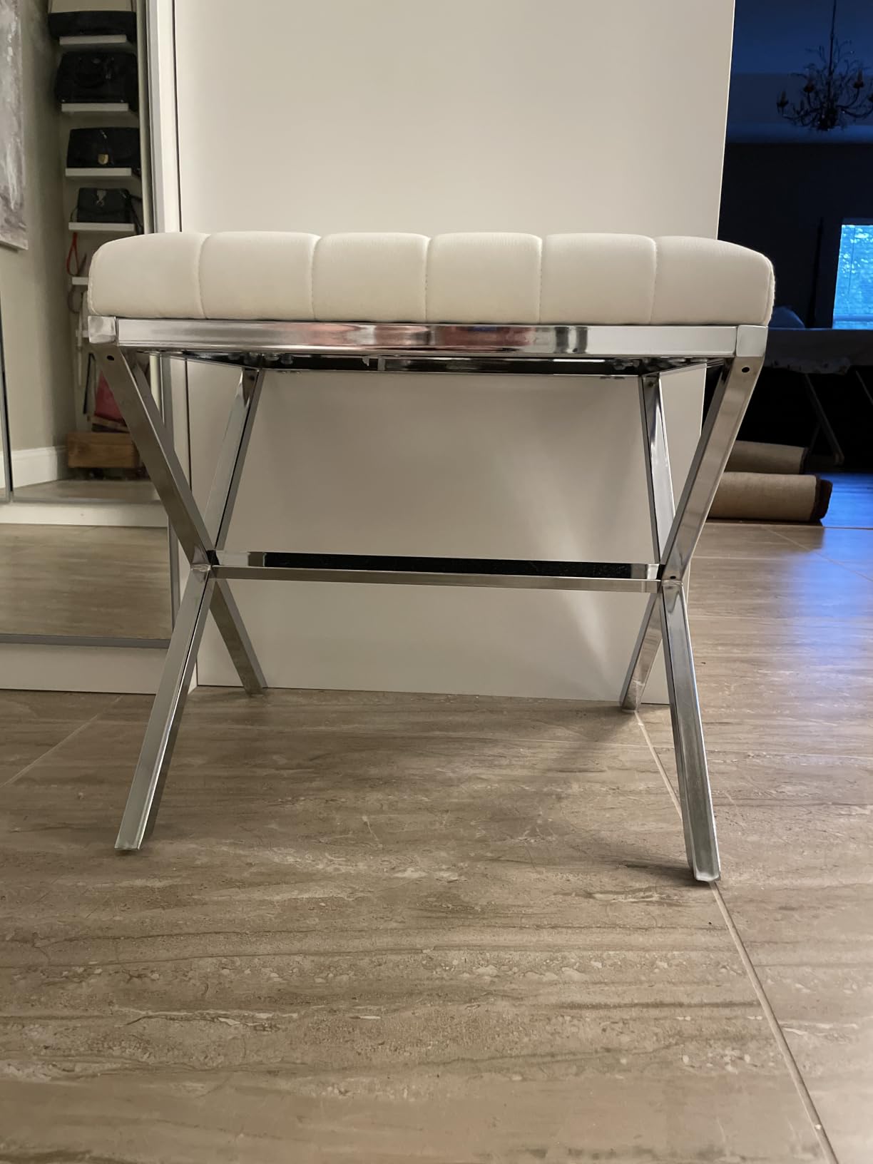 DUHOME Vanity Stool, Modern PU Leather Ottoman Stool Chair for Vanity Bench with Metal X Legs, Rectangle Makeup Stools Padded Foot Rest Ottoman for Makeup Room, Living Room, Bathroom, White customer photo 2