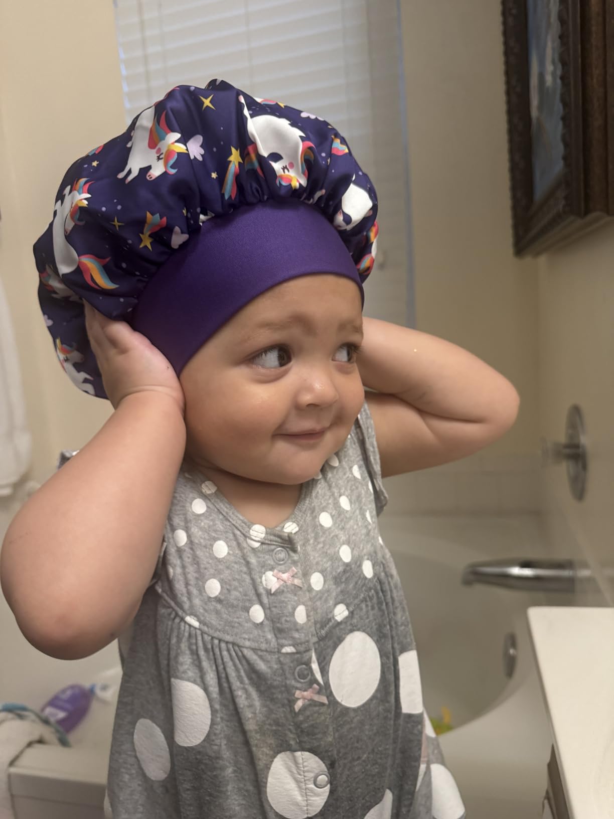 Lolalet 2 PCS Kids Bonnets for Girls, Reversible Silk Bonnet for Sleeping Satin Bonnet Cap with Wide Elastic Band - Purple & Pink customer photo 1