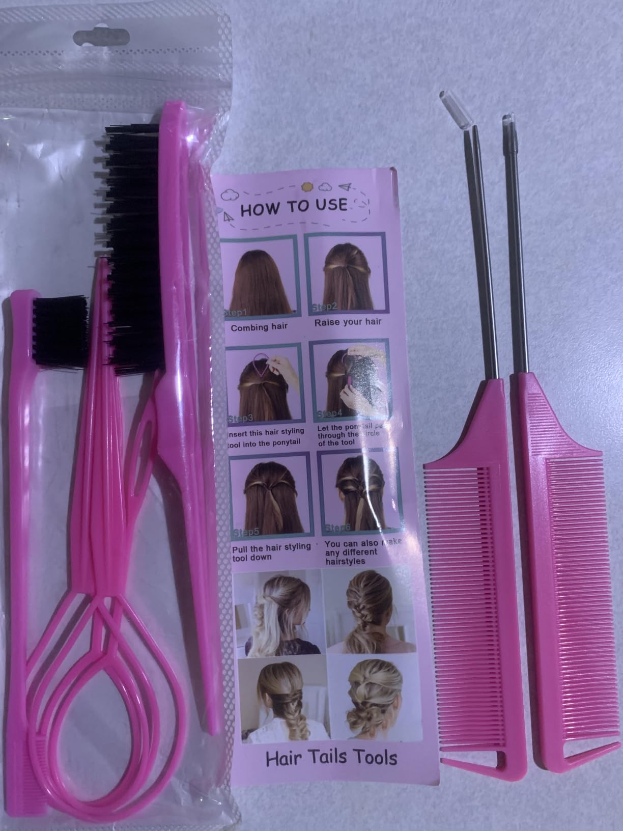 ZVOREI 8Pcs Hair Brushes Set with 4Pcs Topsy Hair Tail Tools 1Pcs Bristle Teasing Hair Brush 1Pcs Edge Control Brush 2Pcs Metal Pin Rat Tail Combs for Woman Girl Hair Styling,Edge&Back Brushing,Pink customer photo 2