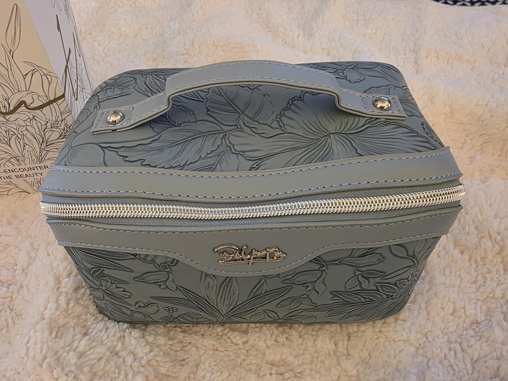 BOYATU Travel Makeup Bags Cosmetic Organizer Bag: Floral Make up Bag | 3 Pcs Set Large Capacity Makeup Bag with Compartments - Waterproof Leather Toiletry Bags with Handle for Women (Blue) customer photo 2