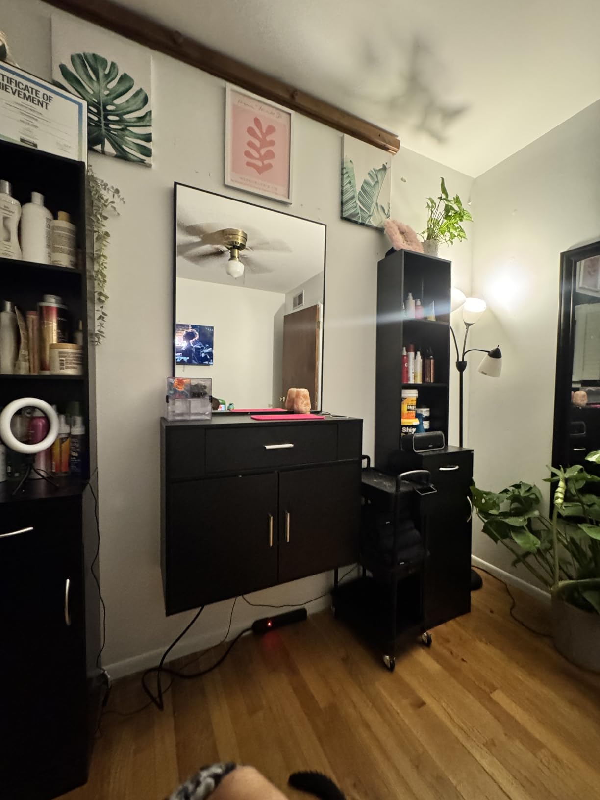OmySalon Wall Mount Salon Station with Mirror, Hair Styling Barber Station, Beauty Salon Spa Equipment with 1 Drawer, 1 Storage Cabinet, 2 Hair Dryer Holders, Black customer photo 2