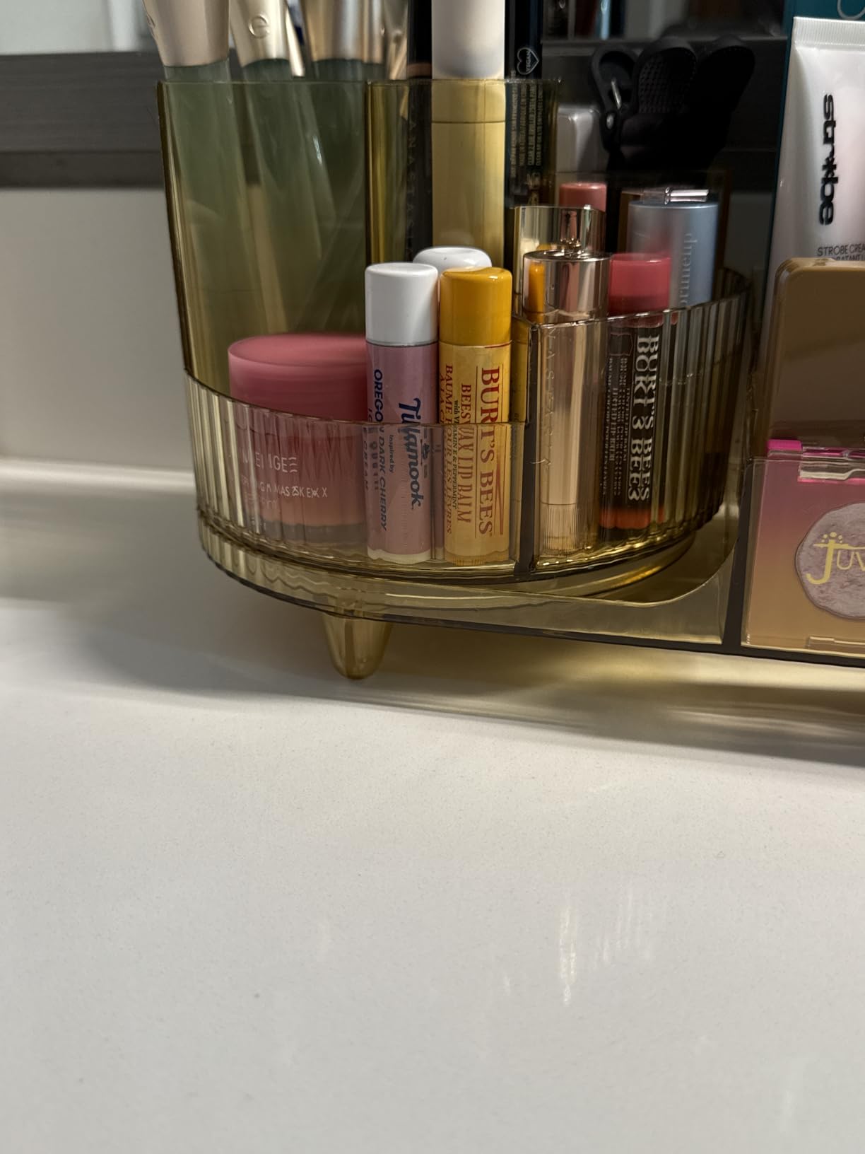 Booklov Rotating Makeup Organizer for Vanity Countertop, Amber | Clear Acrylic Cosmetic Display Case, Large Beauty Brush Holder for Bathroom Counter, Skincare Lipsticks Storage customer photo 1