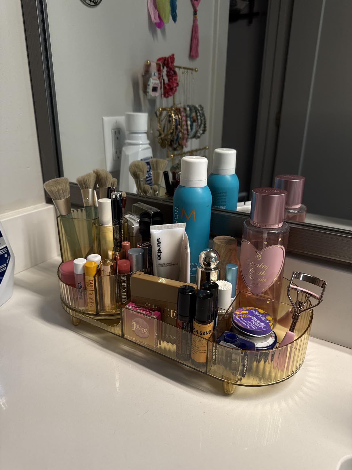 Booklov Rotating Makeup Organizer for Vanity Countertop, Amber | Clear Acrylic Cosmetic Display Case, Large Beauty Brush Holder for Bathroom Counter, Skincare Lipsticks Storage customer photo 2