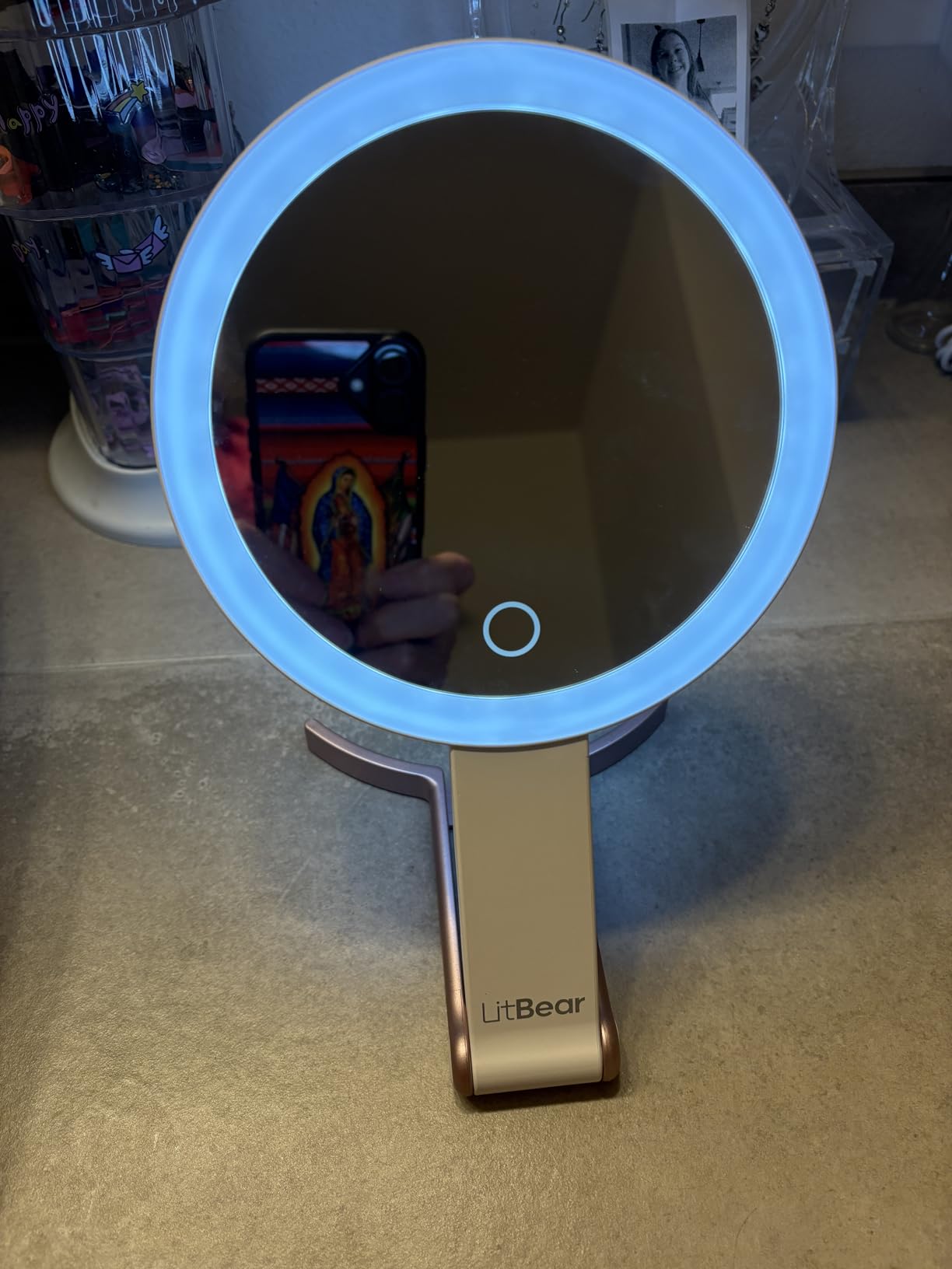LitBear Travel Makeup Mirror with Lights, Rechargeable Double-Sided 10X/1X Magnifying Mirror, Portable Lighted Beauty Mirror, 3 Color Lighting, Dimmable Touch Screen, Tabletop Handhold Hanging customer photo 1