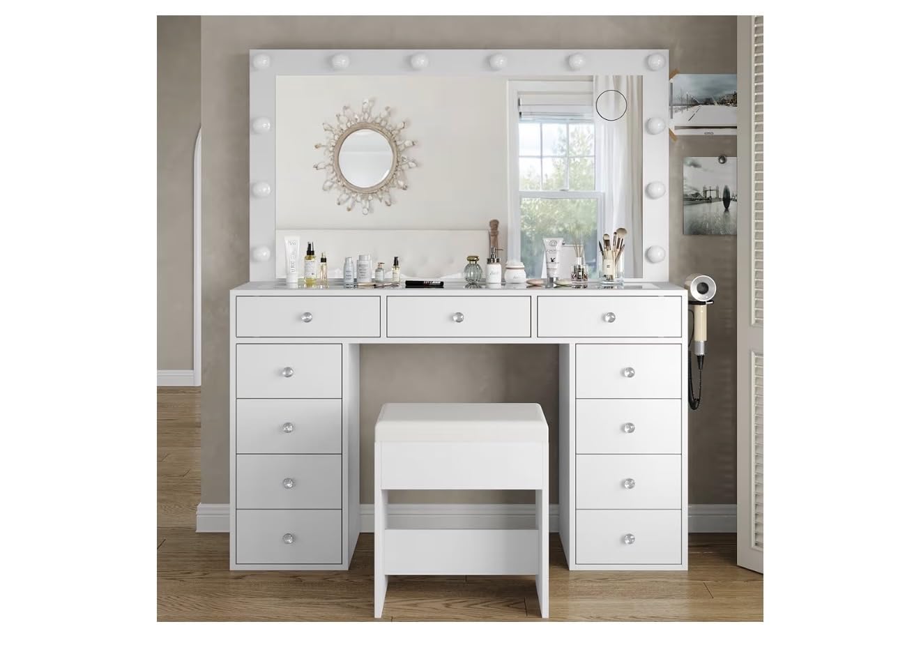 Yanosaku Vanity Desk & Power Outl, Makeup Vanity with Mirror and 12 LED Lights, Makeup Table with 11 Drawers, Vanity Table with Chair, Set 3 Lighting Modes Brightness Adjustable-(White) customer photo 2