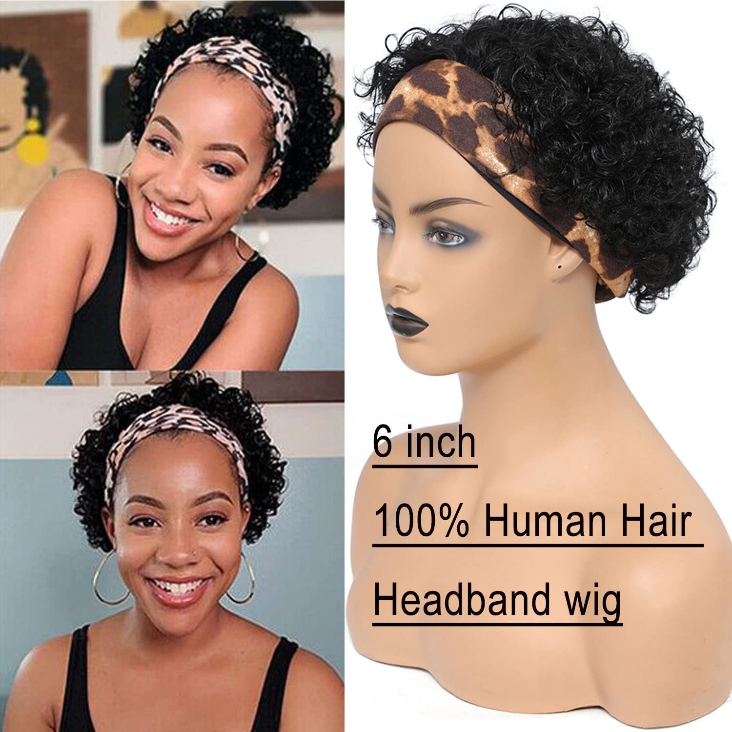 INSTASTYLE Headband Wig Human Hair Wigs for Black Women Pixie Cut Wig Put on and Go Glueless Wig Short Curly Headband Wigs 150% Density Natural Black 6 Inch customer photo 2