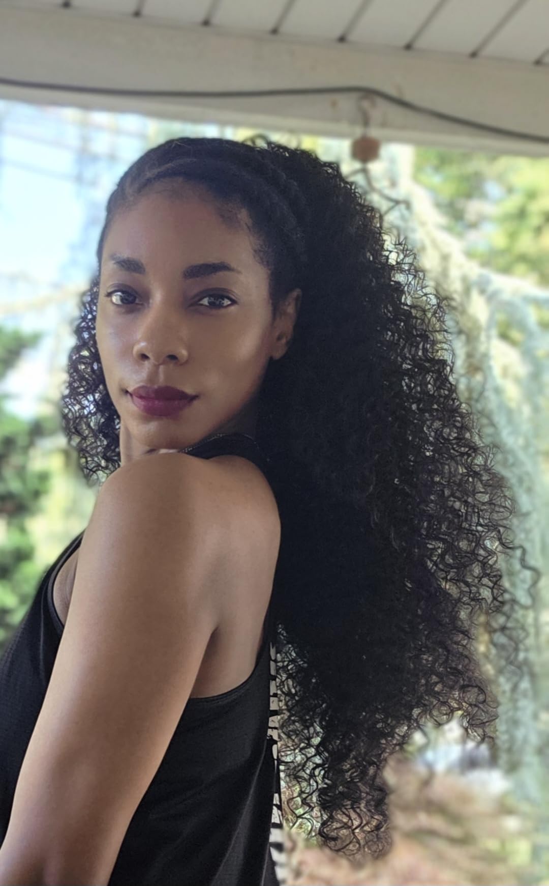 Alebery 27 Inch Drawstring Ponytail Extension for Black Women Deep Curly Ponytail Extension Synthetic Mixed with Human Hair Hairpieces Afro Kinky Curly Pony Tail for Daily Use (Black) customer photo 2