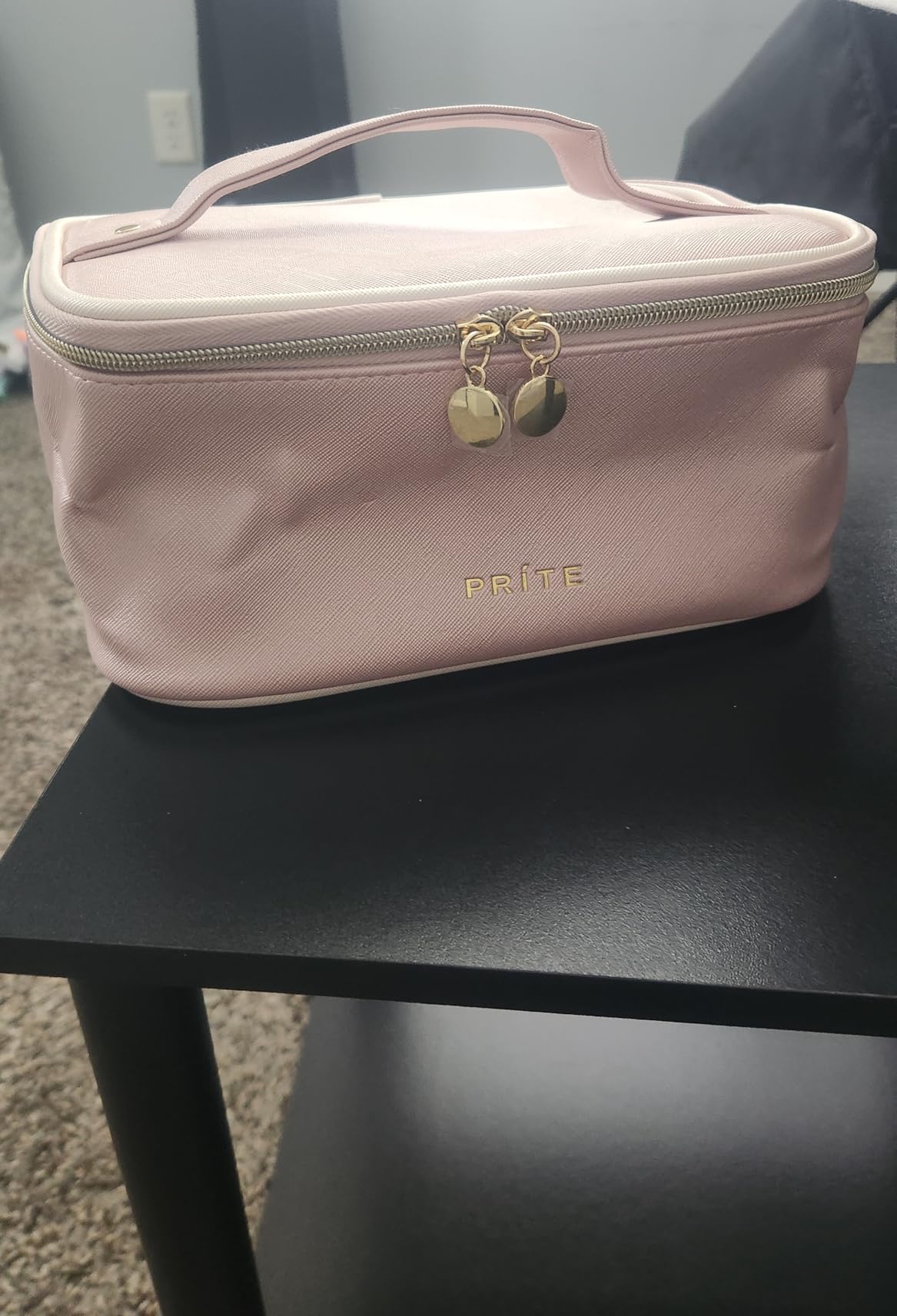 Prite Makeup Bag Travel Cosmetic Case, Women Toiletry bag Organizer, Beige | Make Up Bag, PU Leather Waterproof Large Makeup & Skincare Case with Brush Holder, Divider & Handle for Girls customer photo 2
