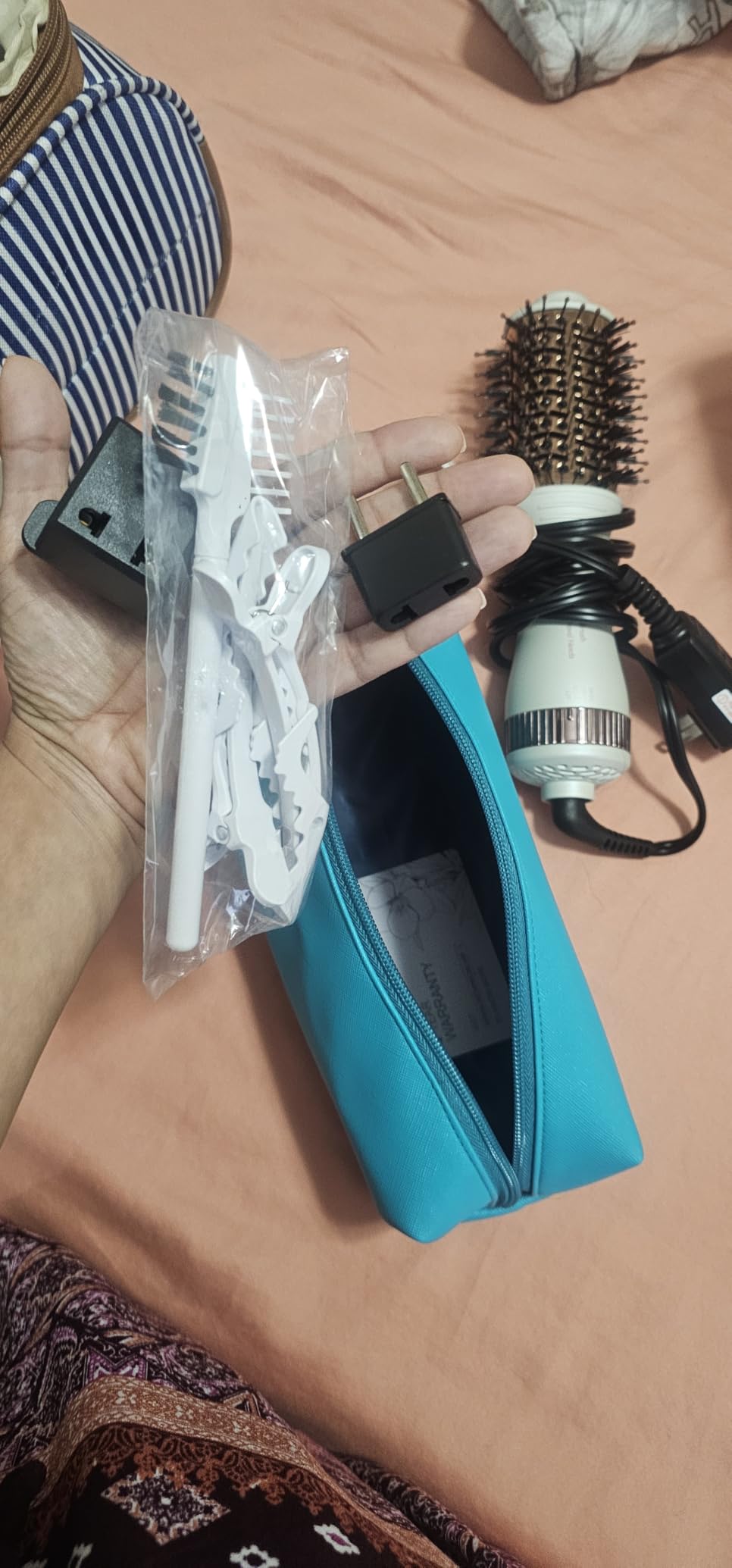 Travel Dual Voltage Hair Dryer Brush 4-IN-1 Portable Mini Hot Air Blow Dryer Straightener & Curler Brush, Titanium Round Blowout Styler Volumizer Tools, 110/240V US/EU/UK Plug for International Travel customer photo 2