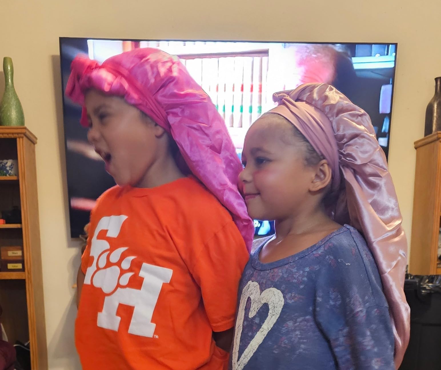 Kids Bonnets for Girls - Satin Long Hair Braid Bonnet for Sleeping | Double-Layer with Adjustable Tie Band Stays On Overnight to Protect Curly Hair and Long Locks for Kids customer photo 2