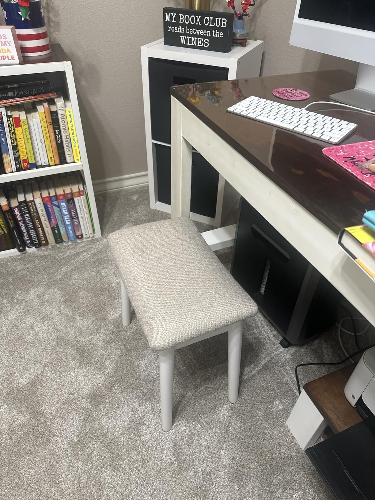 IBUYKE Saddle Cushion Vanity Stool Chair, Piano Bench, Beige,WBD007HM | Foot Rest Stool Solid Wood Legs Modern Ottoman Upholstered Seat Bedroom Entryway Walnut Legs customer photo 2