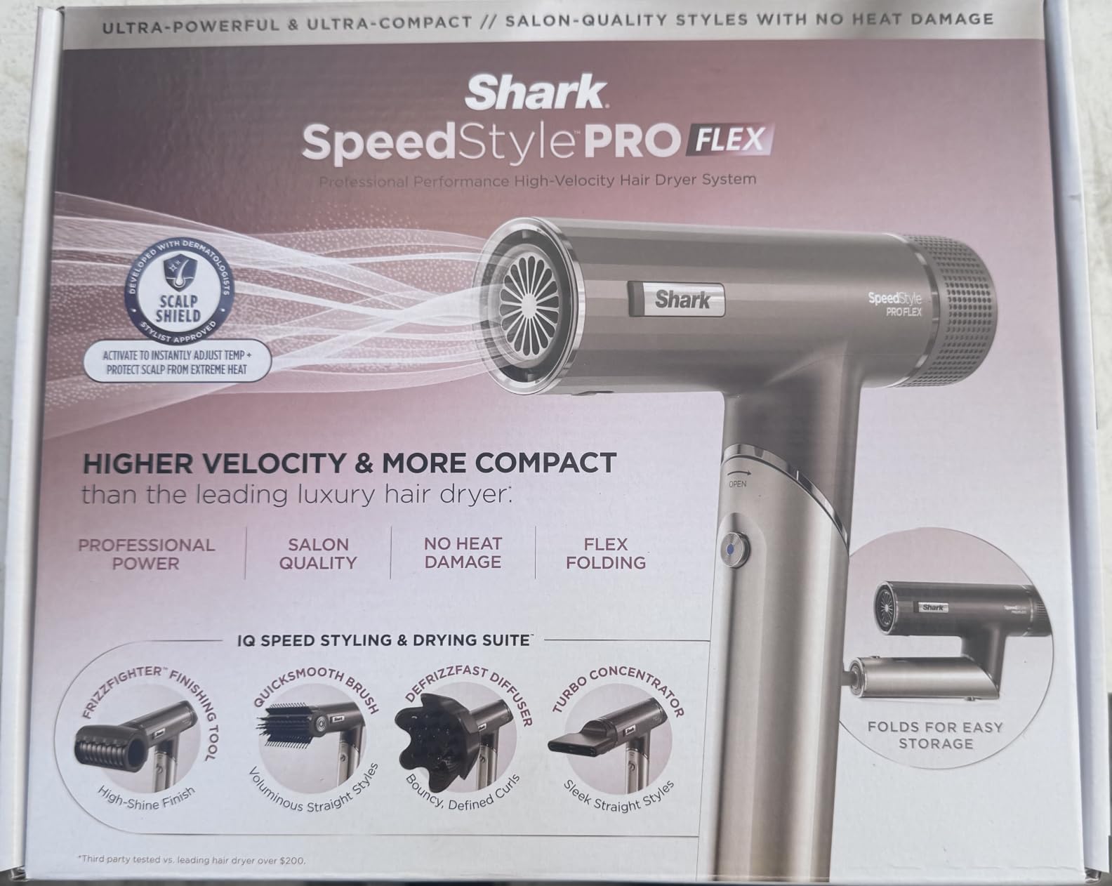 Shark SpeedStyle Pro Flex High-Velocity Dryer, Scalp Shield, HD542 | Foldable, Compact, 0-100 MPH Airflow, Turbo Concentrator & Diffuser Included, High-Gloss Shine customer photo 1