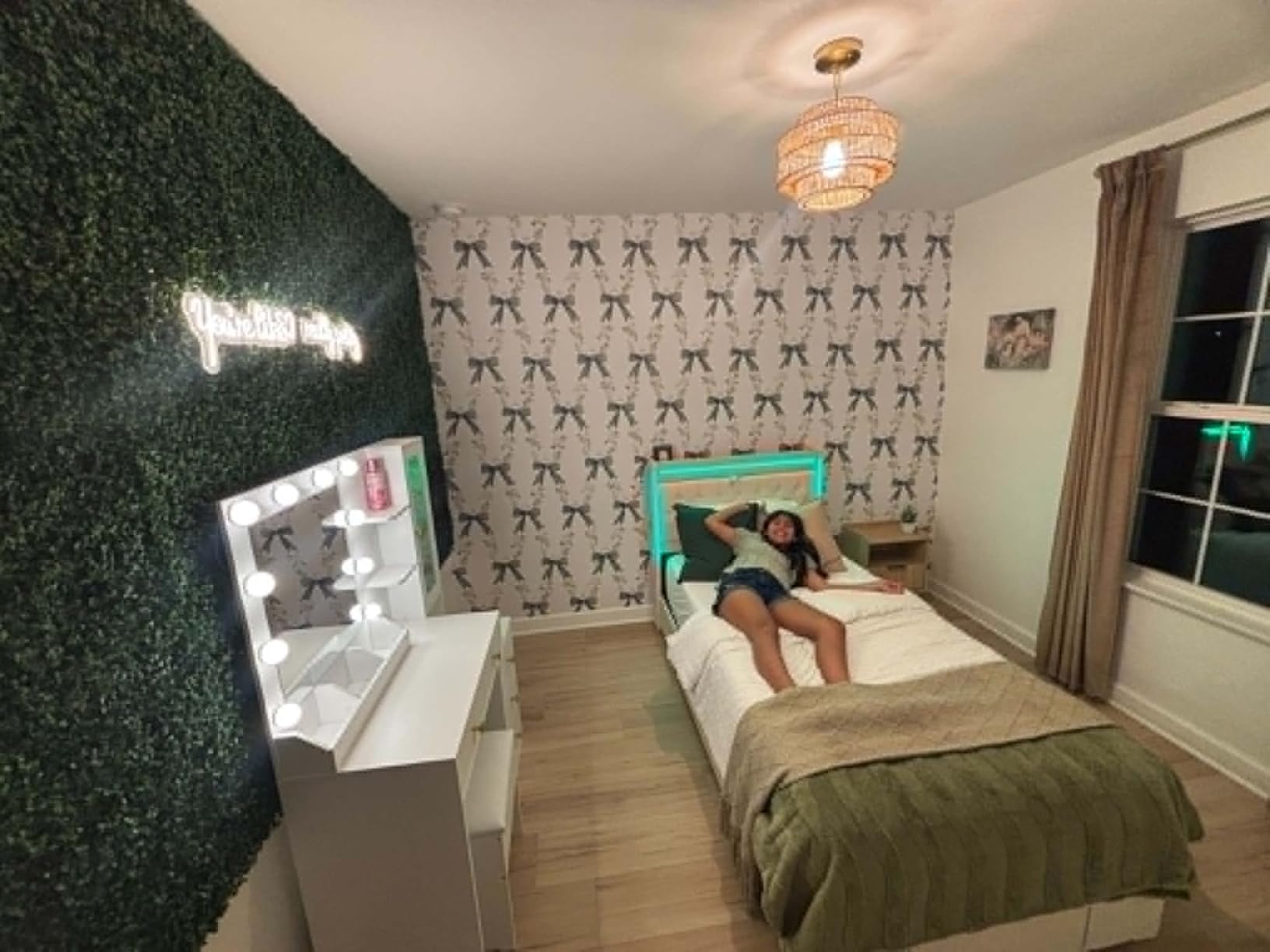 Vanity Desk with Mirror and Lights, Makeup Vanity Table Set with 5 Storage Drawers, Power Outlet & Chair, Small Dressing Table with RGB Ambient Light, Adjustable Brightness for Girls Bedroom, White customer photo 1