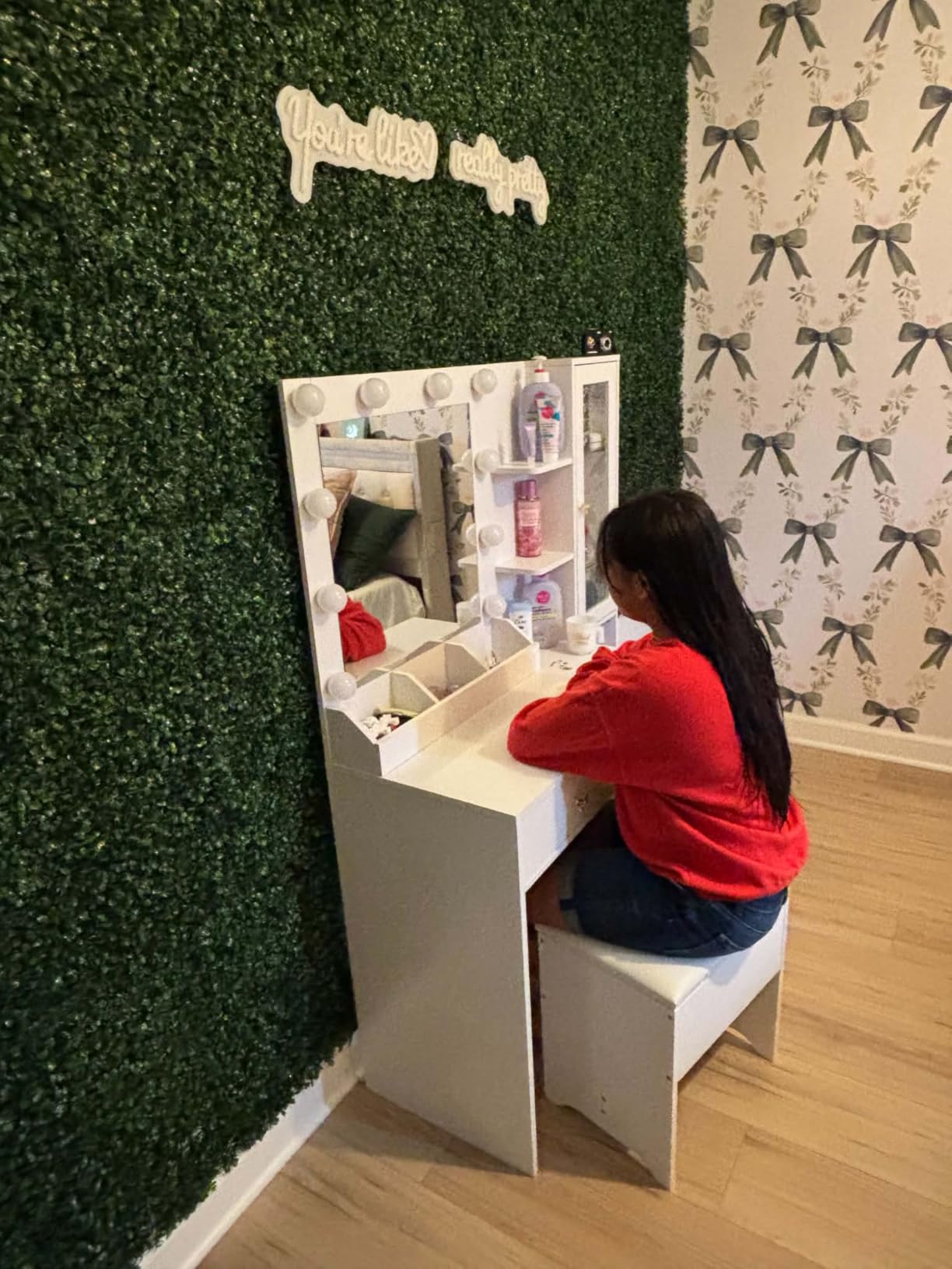 Vanity Desk with Mirror and Lights, Makeup Vanity Table Set with 5 Storage Drawers, Power Outlet & Chair, Small Dressing Table with RGB Ambient Light, Adjustable Brightness for Girls Bedroom, White customer photo 2