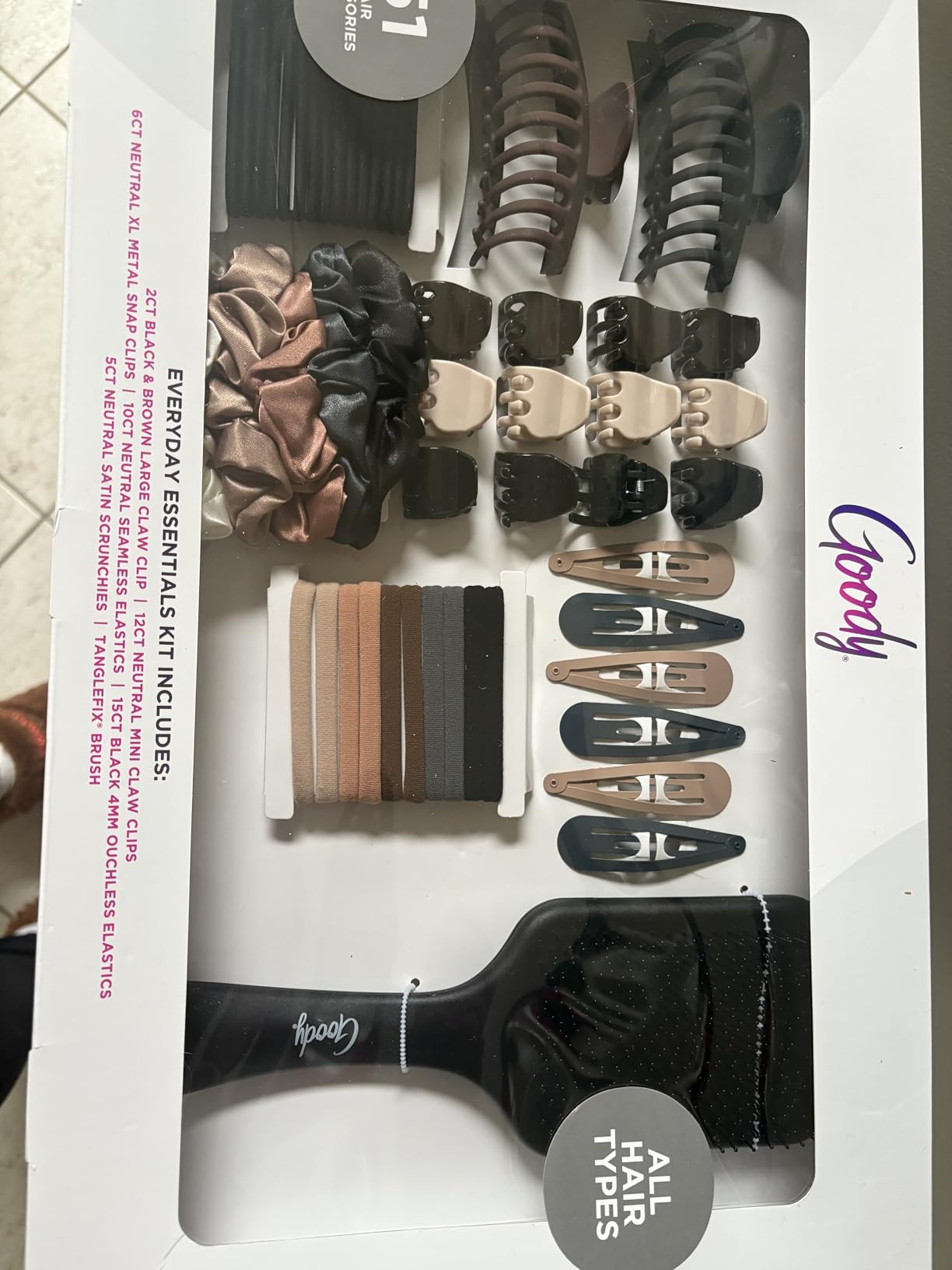 Goody Hair Accessories Kit, Everyday Essentials for Women - 51 PC Neutral Color Set for All Types - Ouchless Damage-Free Ties, SlideProof Claw Clips, Snap Clips, Scrunchies, Tanglefix Brush customer photo 1