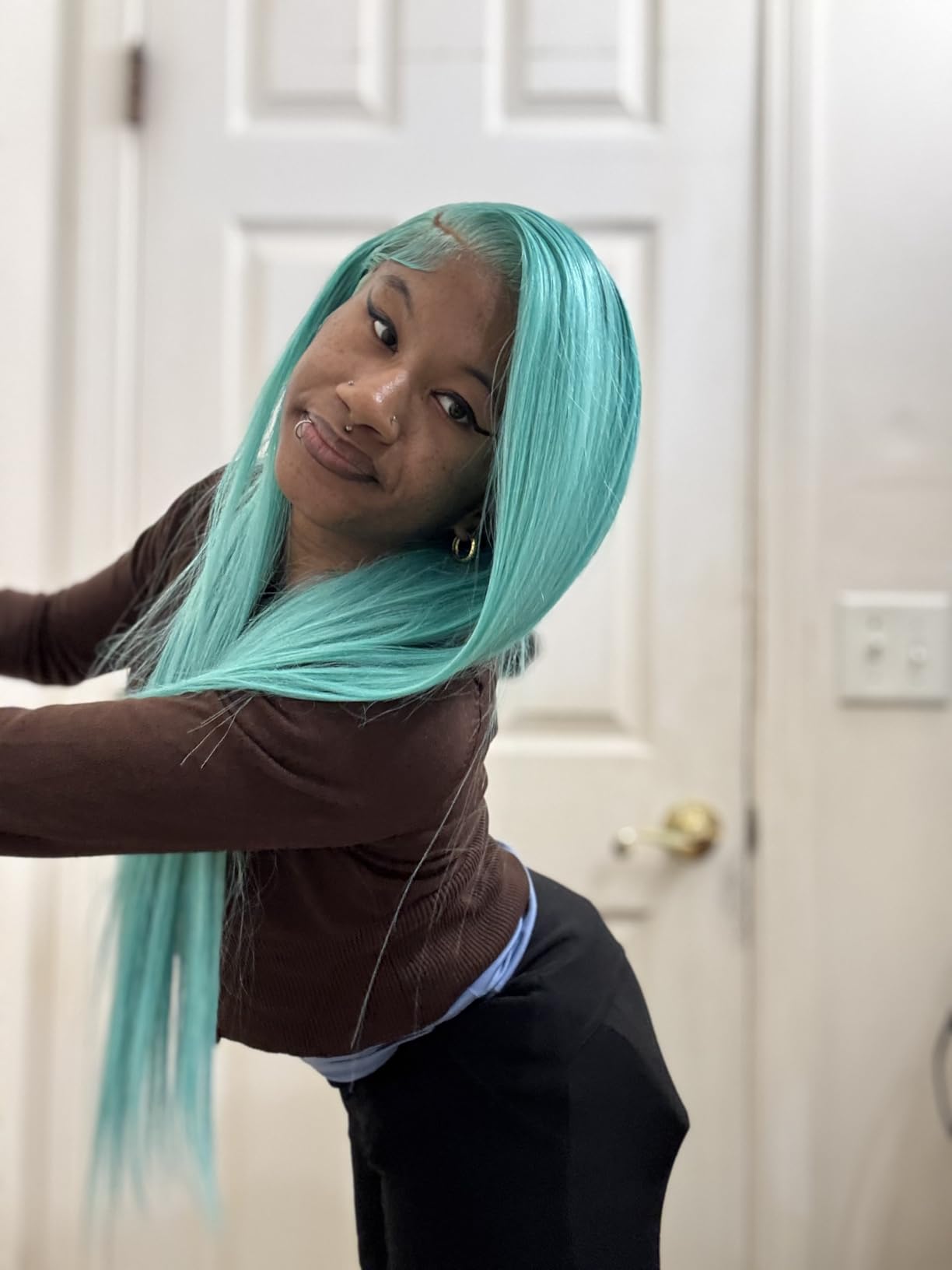 Lace Front Wigs Human Hair Aqua Blue Glueless Transparent 13x6 Lace Front Wigs Human Hair Pre Plucked 22 Inch Colored Turquoise Wig Human Hair 180% Density HD Lace Front Human Hair Wigs for Women customer photo 1