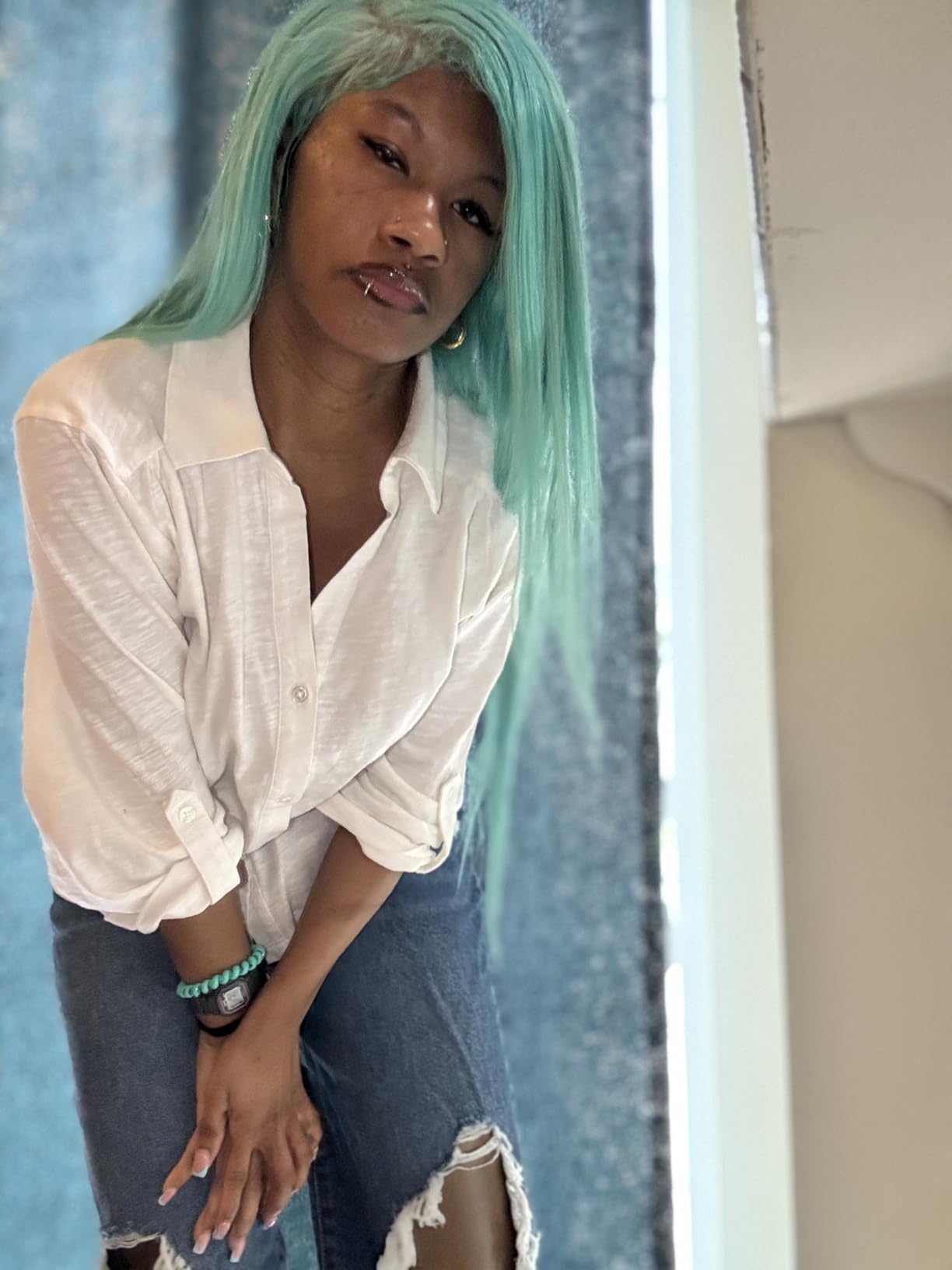 Lace Front Wigs Human Hair Aqua Blue Glueless Transparent 13x6 Lace Front Wigs Human Hair Pre Plucked 22 Inch Colored Turquoise Wig Human Hair 180% Density HD Lace Front Human Hair Wigs for Women customer photo 2
