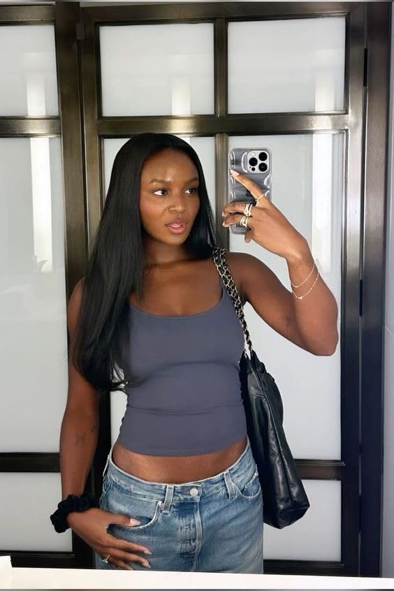 Su Mei.s Glueless Synthetic Lace Front Wig 26 Inches Long Straight Black Wigs for Black Women 13x5x1 HD Lace Hand Tied Pre Plucked Hairline (#1B Natural Black, 26 Inch) customer photo 1