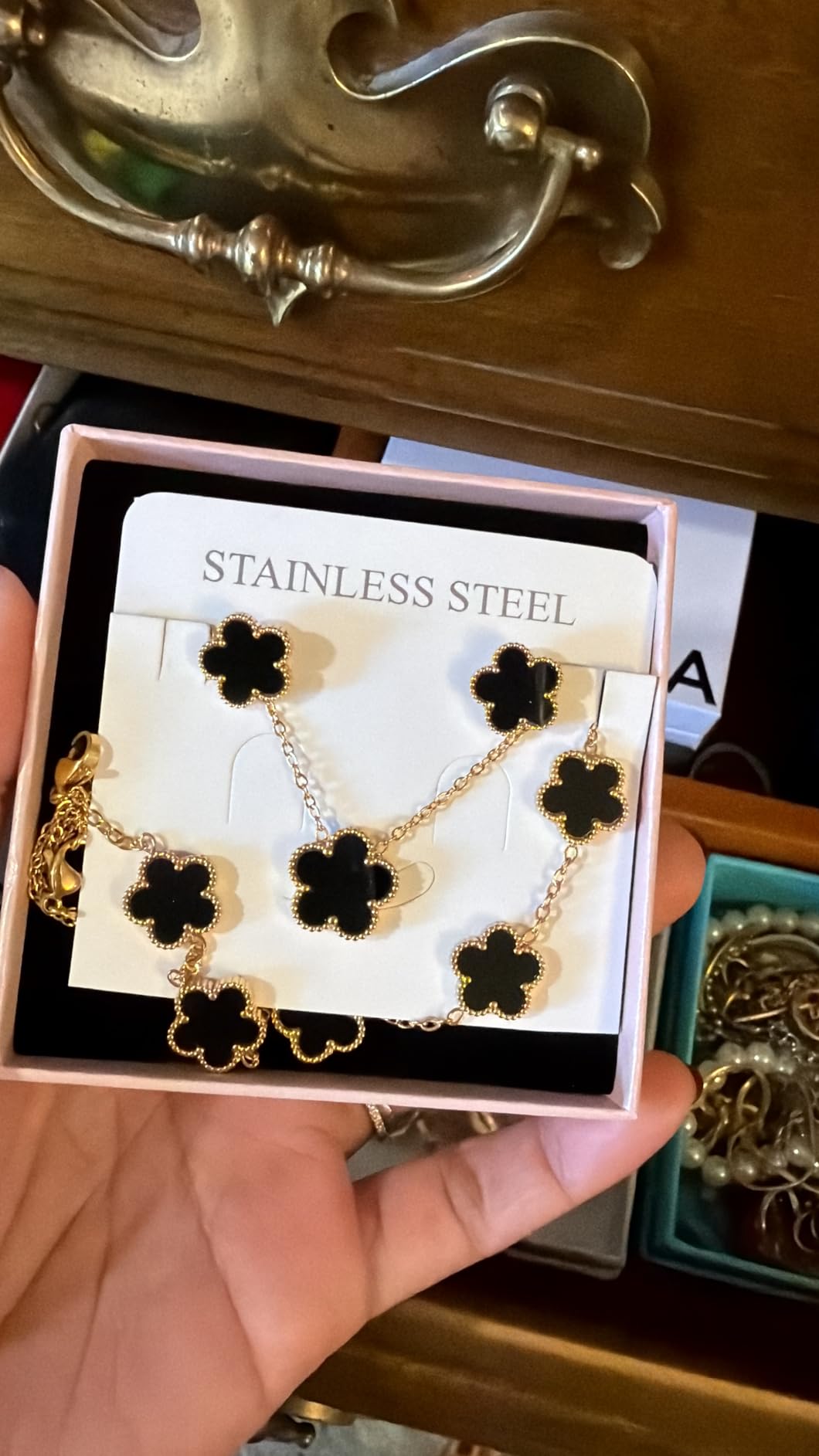 Gold Necklaces Bracelets Earring Set - 18K Gold Plated Flower Bracelet, Stainless Steel Non Tarnish Floral Pendant Stud Jewelry Sets - Christmas Birthday Lucky Gift for Her Mom Wife Daughter Girlfriend customer photo 2