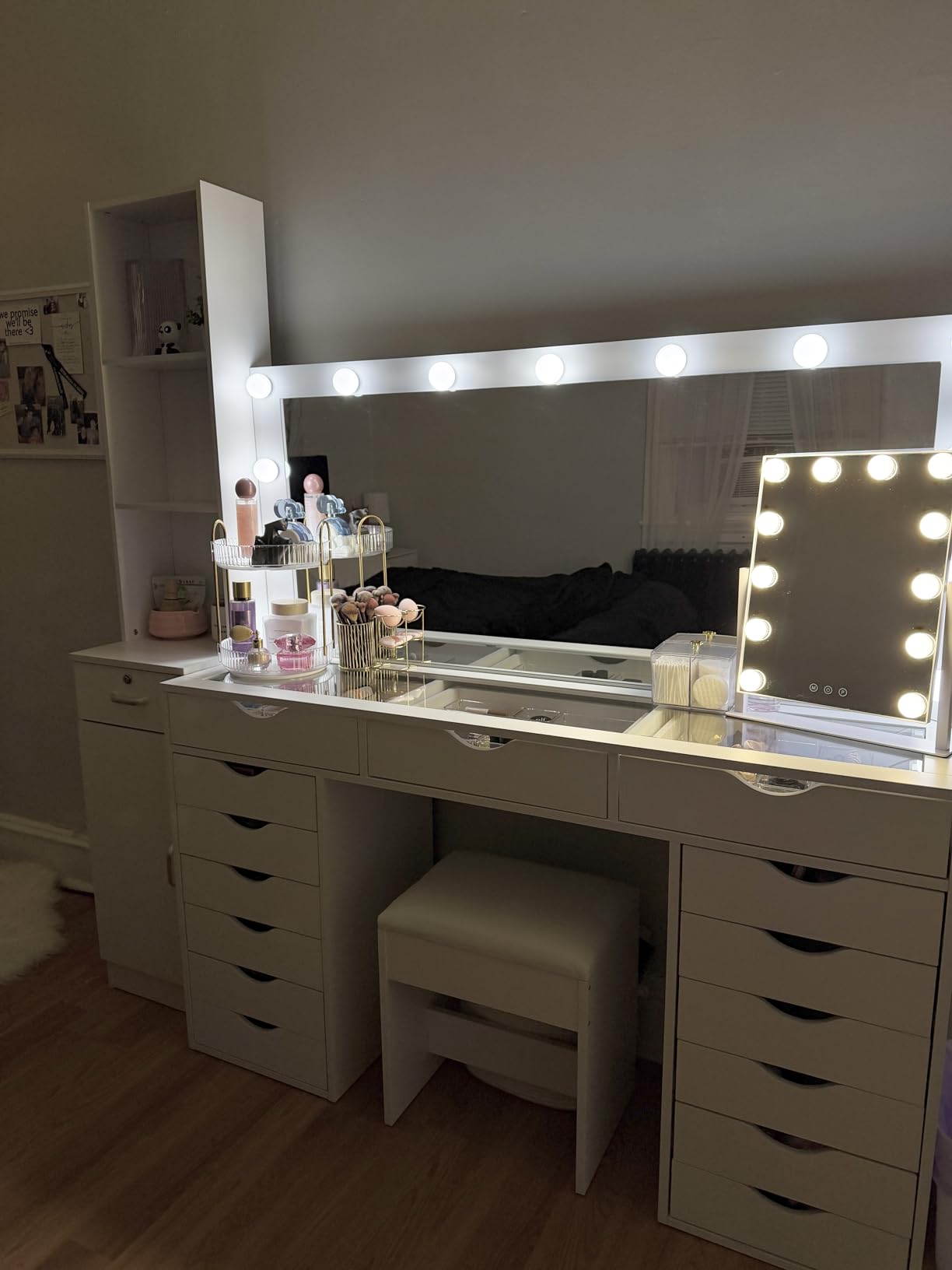 Yanosaku Vanity Desk with Mirror and Lights, Makeup Table with Charging Station, 3 Color Lighting Modes, 15 Drawers Dressing Table, Vanity with Chair for Bedroom, White customer photo 2