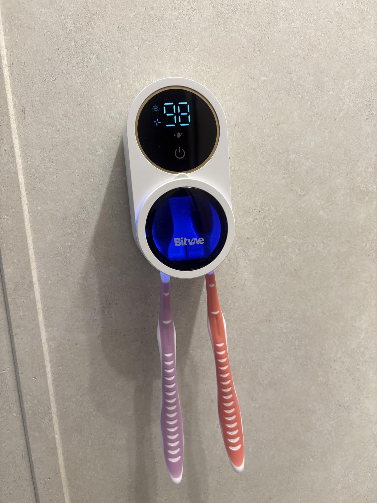 Bitvae Upgraded Tooth Brush Holder for Bathroom 2.0, Infrared Sensing Toothbrush Cleaner, Wall-Mounted for Most Size Toothbrushes, Air Drying, LED Smart Screen, White Gold Trim customer photo 2