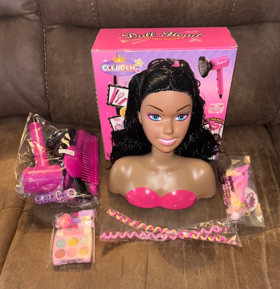 Cleboen Hair Styling Doll Head for Girls, Pretend Play Beauty Salon Makeup Kit with Hair Dryer, Straightener & Real Nail Polish, 35PCS Hair Accessories Playset, Birthday Gifts for Girls Age 4-6 6-8 customer photo 1