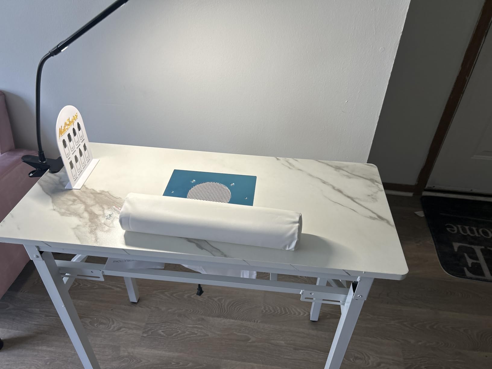 Portable & Foldable Manicure Table w/Dust Collector, Rolling Nail Tech Desk w/LED Light Lamp, Wrist Cushion, Lockable Wheels, Carrying Case, for Home Travel Beauty Salon Workstation (Marble White) customer photo 1