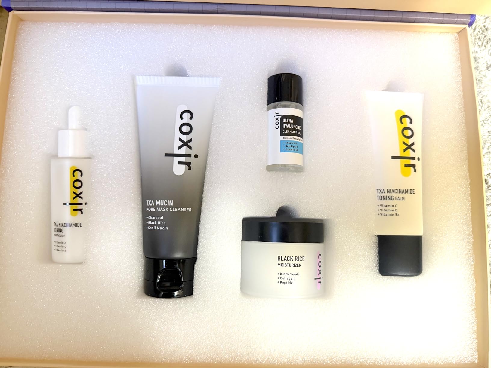 coxir Seoul Glow Korean Skincare Gift Set, 5-Step Routine | TXA, Black Rice & Snail Mucin, Cleanser + Mask + Ampoule + Balm + Cream, For Holiday & Birthday Gifting customer photo 1