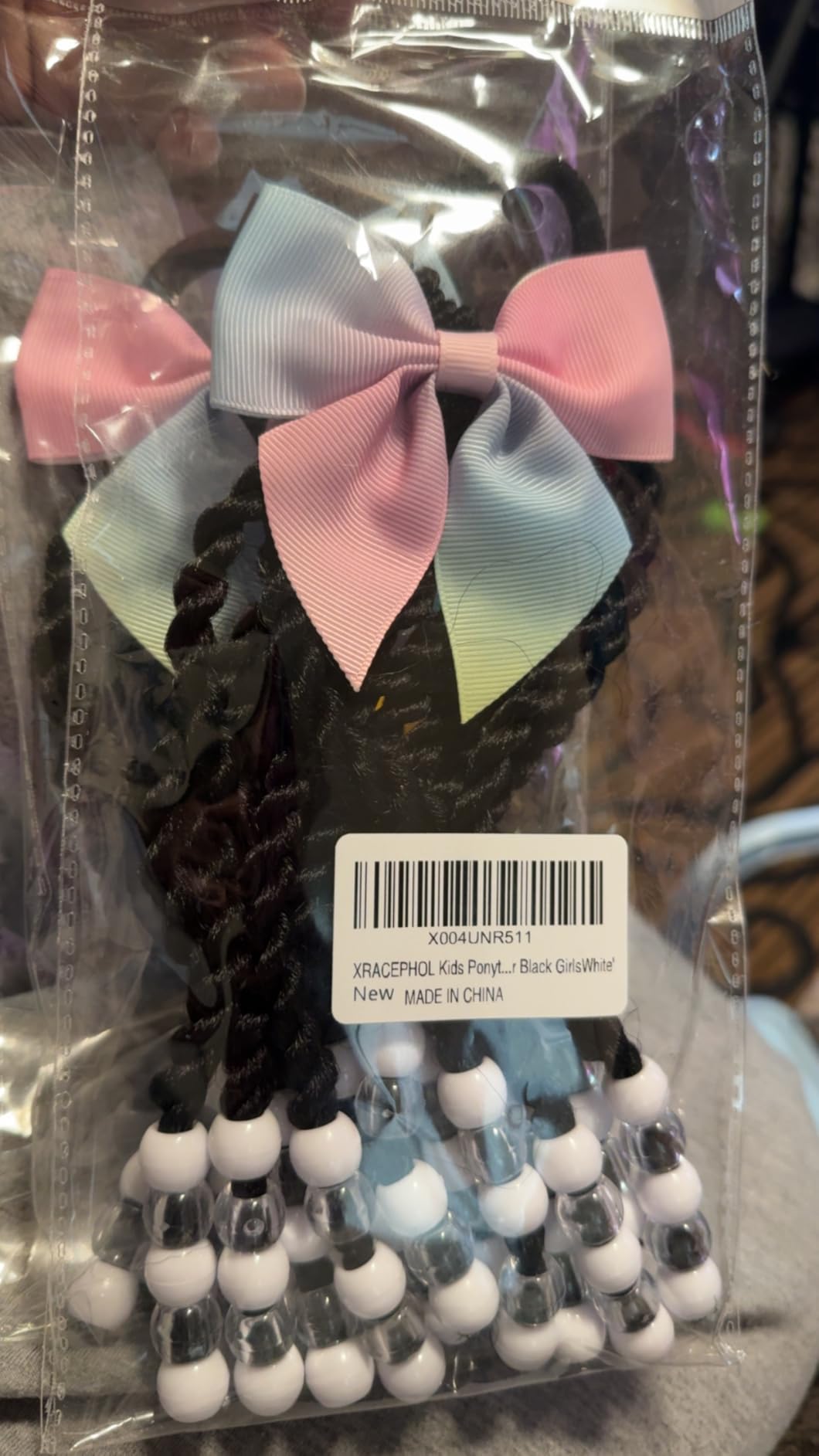 Ponytail Extension With Beads Synthetic Hairpieces With Bows Hair Extensions Protective Braided Hairstyles Wigs Beaded Braided Clip (White) customer photo 1