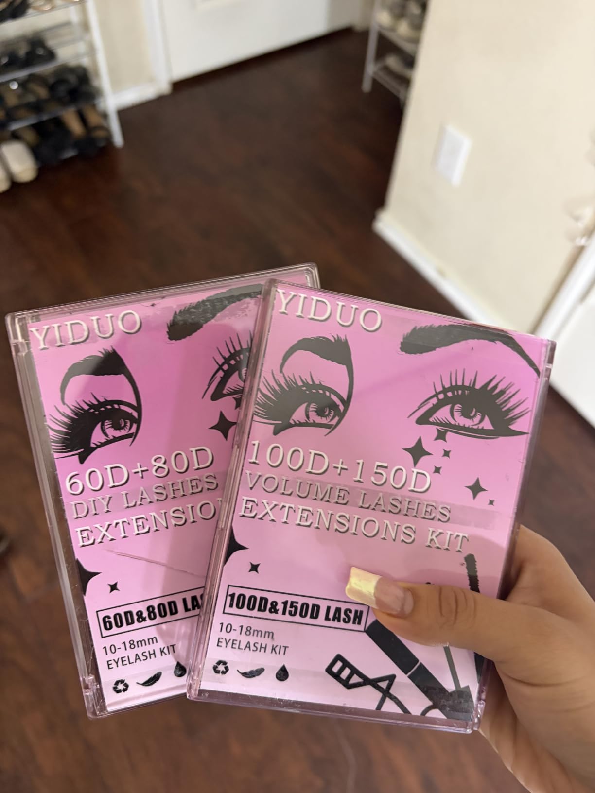 YIDUO 4 Styles Lash Clusters Kit 60D+80D+100D+150D Volume Clusters Lashes Extensions Kit with 2 X Bond and Seal 10-18mm Wispy D Curvature Full Individual Eyelash Extensions Kit DIY at Home Easily customer photo 1